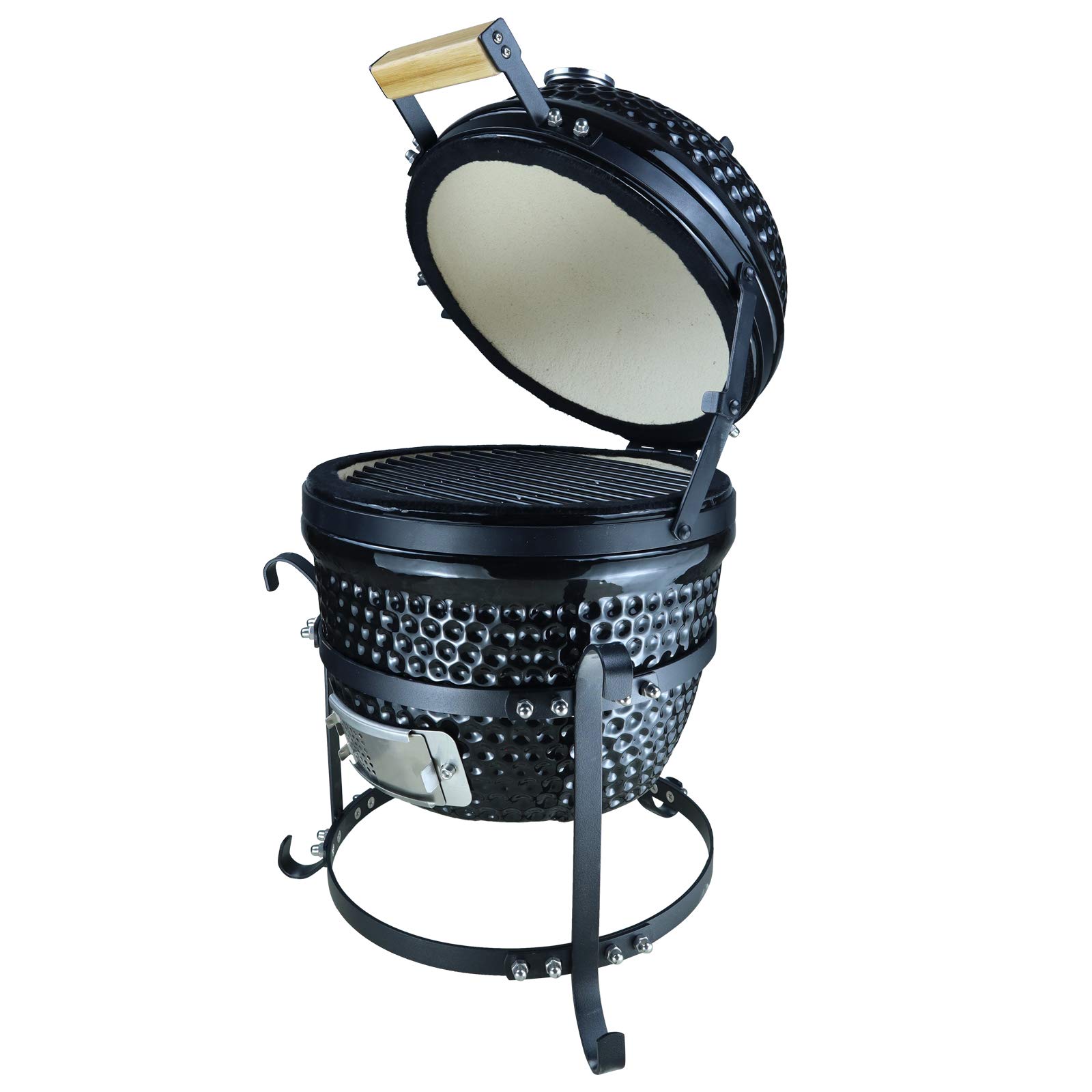 Outsunny Charcoal BBQ Grill Smoker with Stand - Modern Olive Ceramic Hammered Steel Design for Outdoor Cooking & Backyard Parties