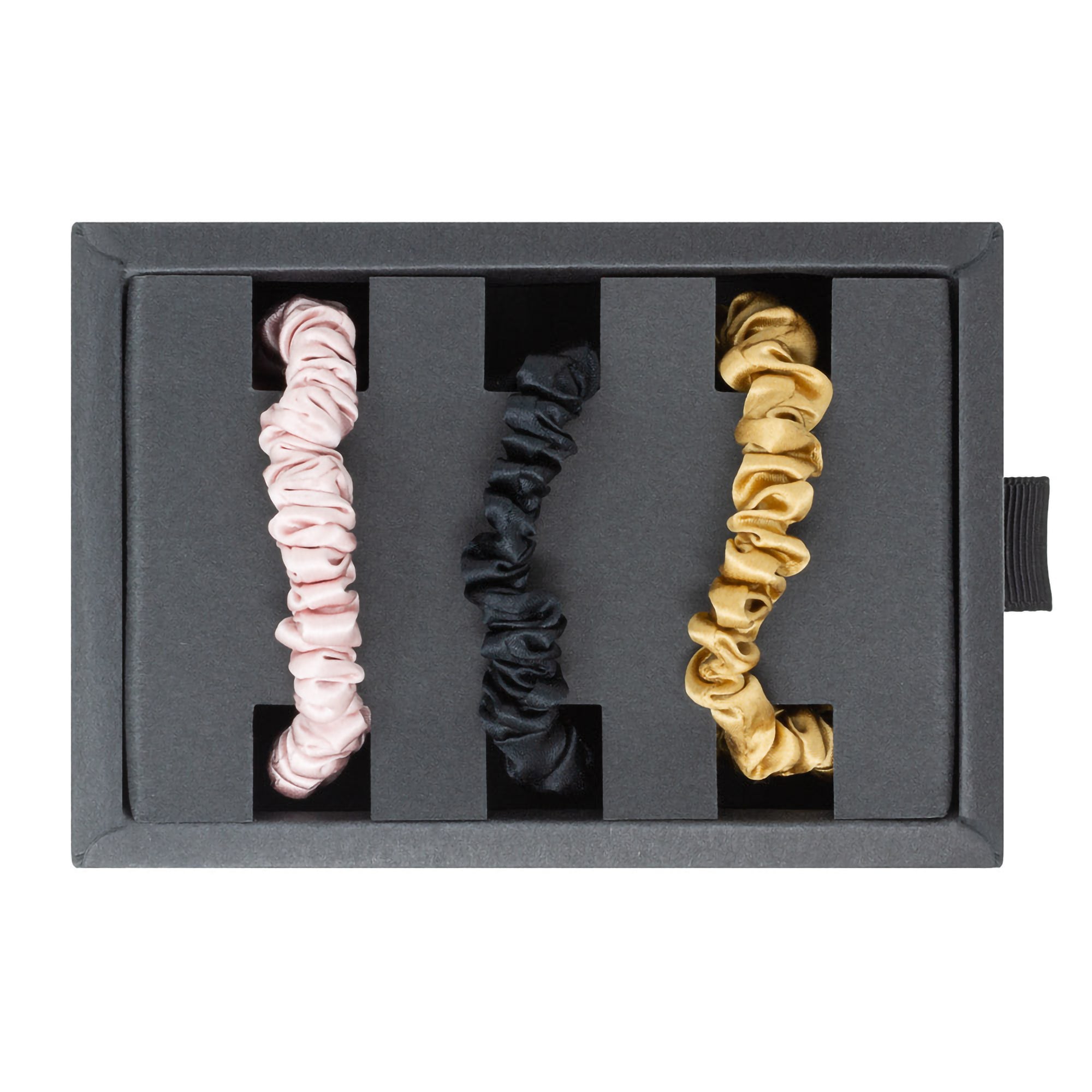 Blissy Silk Scrunchie 3 Pack - Skinny Black, Gold & Pink Hair Ties for Women - Gentle on Hair, No Pull, No Crease - Perfect for Sleeping, Workouts & Everyday Use