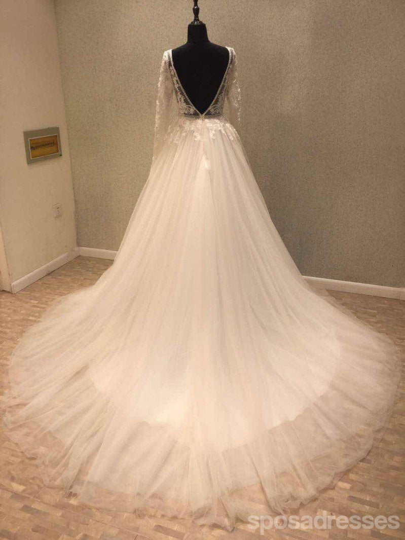 Elegant Long Sleeve Backless V-Neck Lace Wedding Dress - Custom Made Bridal Gown for Affordable Weddings (WD244) | Perfect for Church Ceremonies, Beach Weddings & Romantic Vows
