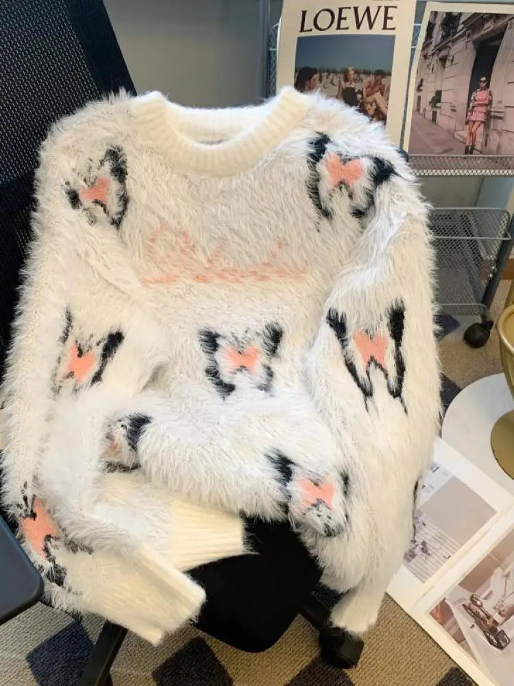 Vintage White Butterfly Print Elegant Mink Sweater for Women - Pink Round Neck Knit Pullover Tops | Cozy Winter Fashion & Holiday Outfit