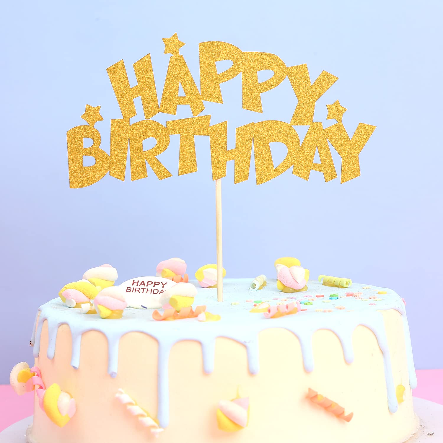 Gold Glitter Happy Birthday Cake Topper - Single-Sided Star Shaped Cake Decoration for Birthday Parties, Weddings & Celebrations | Premium Party Supplies (Gold018)