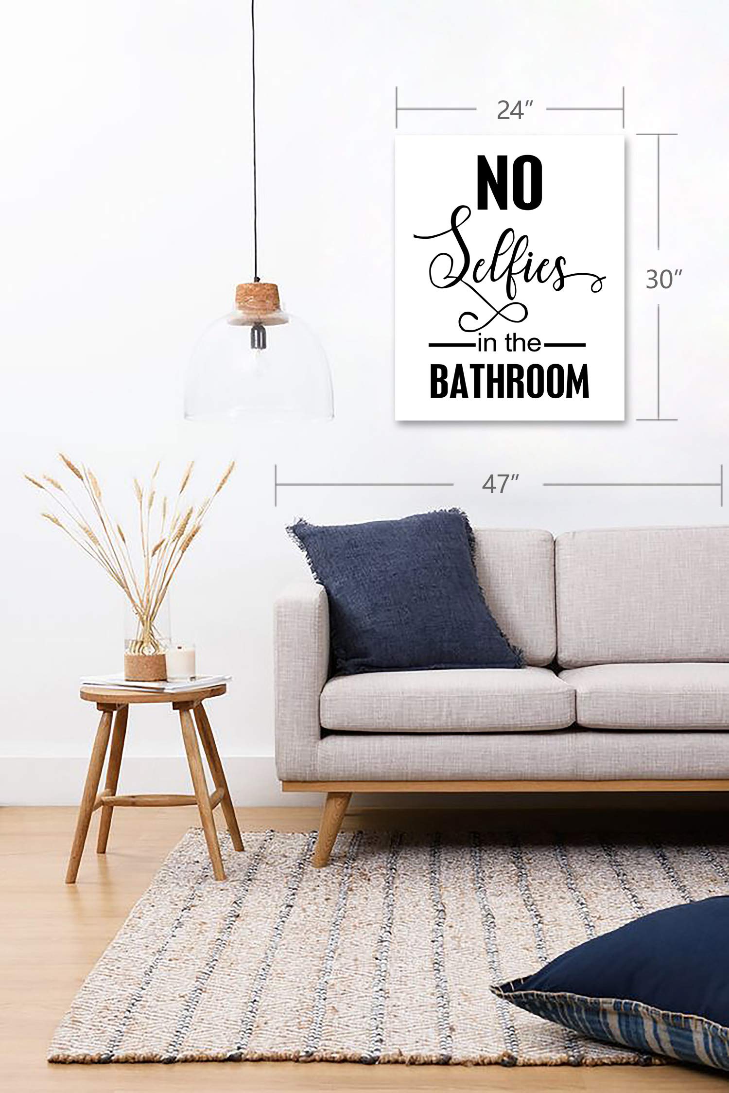 No Selfies in The Bathroom Sign - Framed Canvas Print Wall Art - 7x9 Inches White Gallery Wrapped Home Decor - Perfect for Bathroom, Office, or Funny Gift