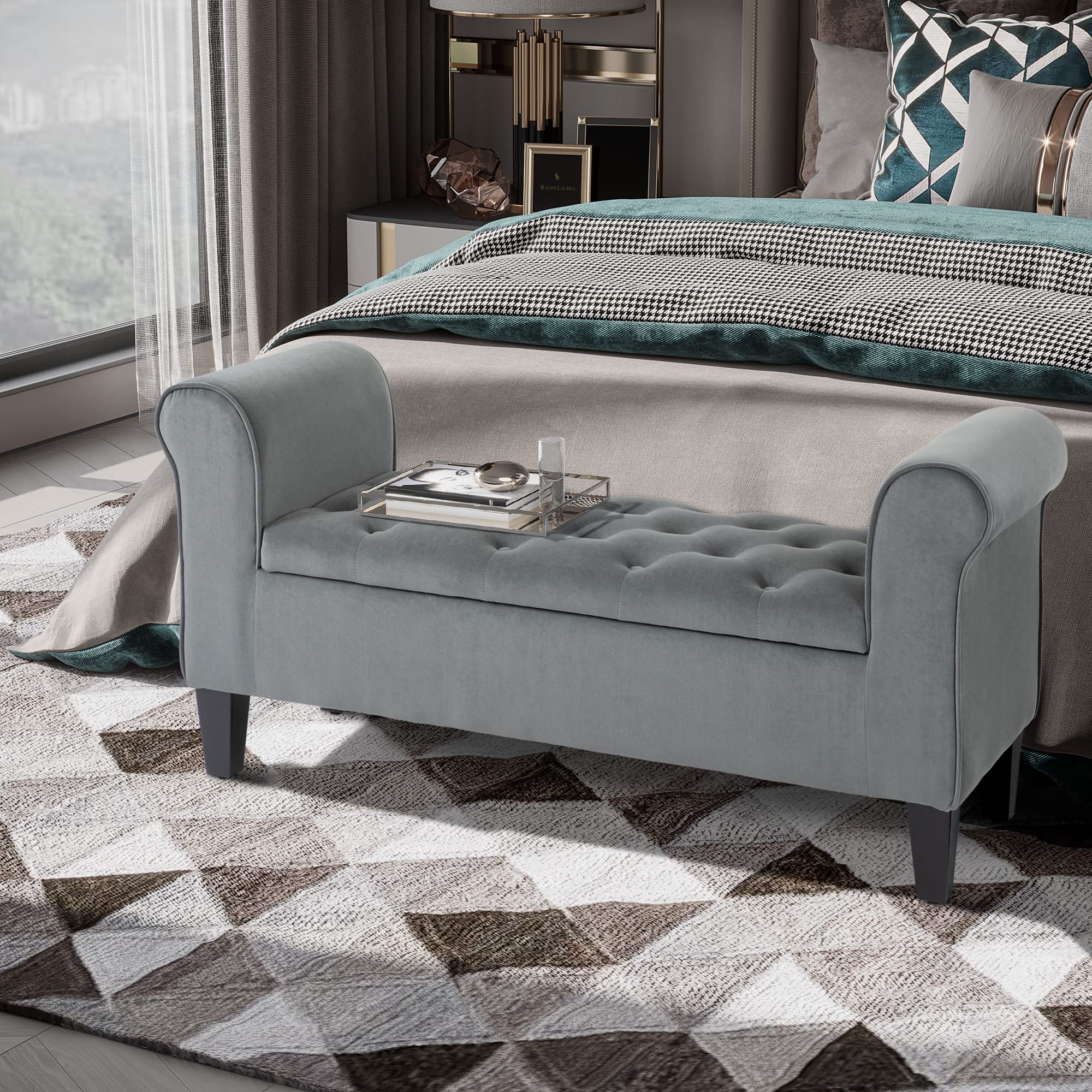 HOMCOM Button-Tufted Storage Ottoman Bench with Rolled Armrests - Upholstered Gray Footrest Seat for Living Room, Bedroom or Hallway - Perfect for Extra Seating & Hidden Storage