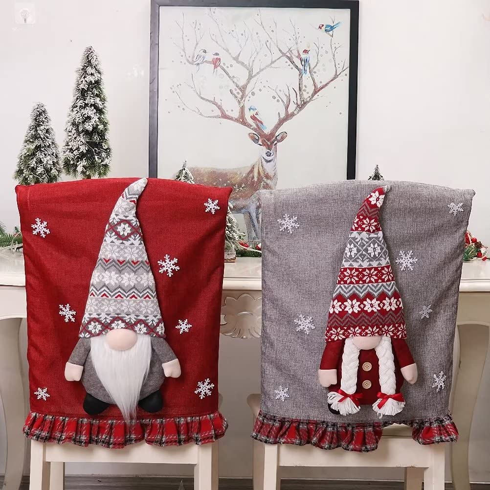 2 Pack Christmas Chair Cover Gnome Couple - Festive Dining & Office Chair Slipcovers Set - Holiday Decor for Christmas Banquet, Party & Home Celebration