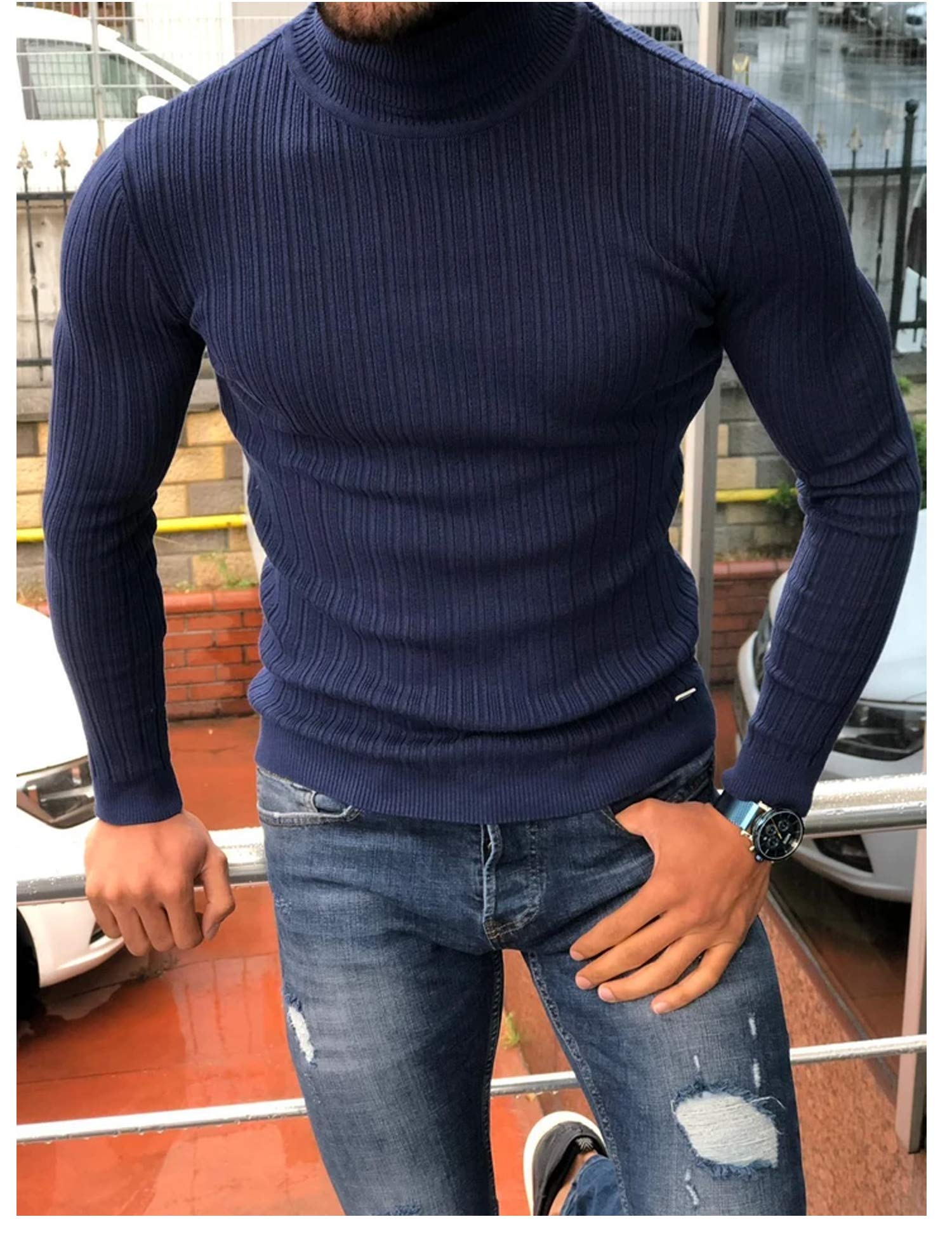 COOFANDY Men's Slim Fit Ribbed Knit Turtleneck Sweater - Winter Warm High Neck Pullover for Office, Dating & Casual Outfits