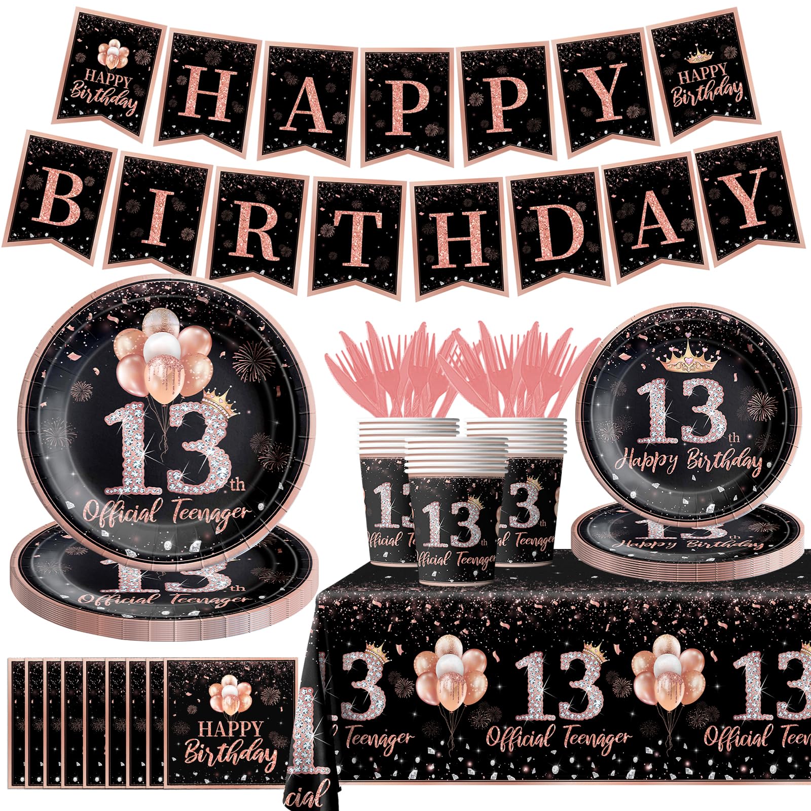 142Pcs Rose Gold 13th Birthday Party Supplies Set for Girls - Disposable Tablecloth, Plates, Napkins, Cups, Forks & Knives - Perfect for Teen Birthday Decorations & Celebrations