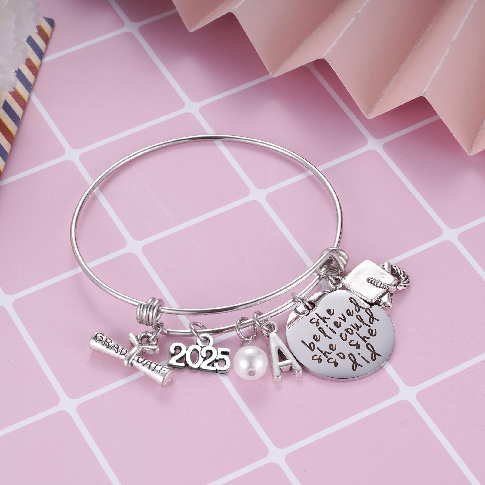 Ukodnus Class of 2025 Graduation Bracelet - Personalized 26 Initial Charm Bracelet for High School & College Seniors - Inspirational Graduation Gift for Women - Perfect for Graduation Ceremonies, Parties & Keepsakes