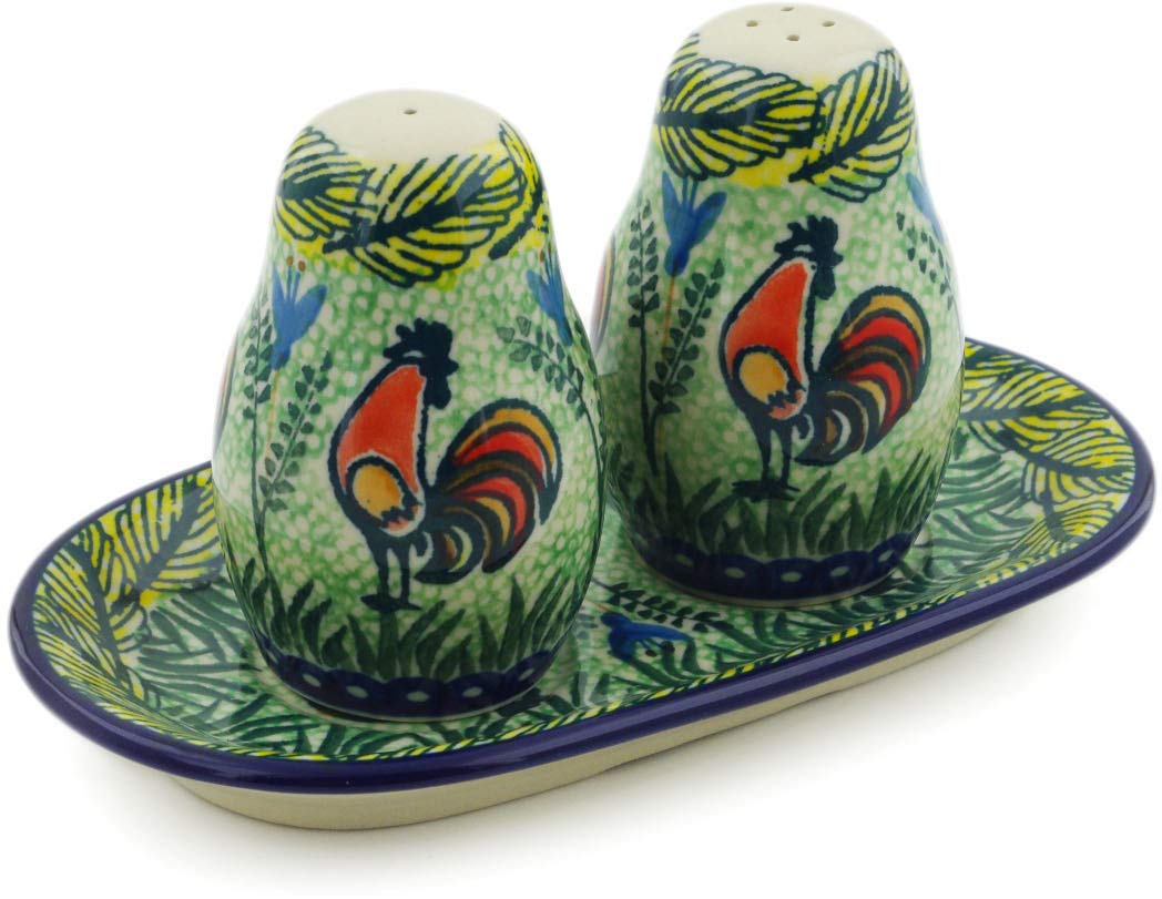 Authentic Polish Pottery Salt and Pepper Shaker Set - 3-Piece Ceramika Artystyczna Rooster Parade Theme Handmade UNIKAT with Certificate | Perfect for Kitchen, Dining Table & Gift Giving