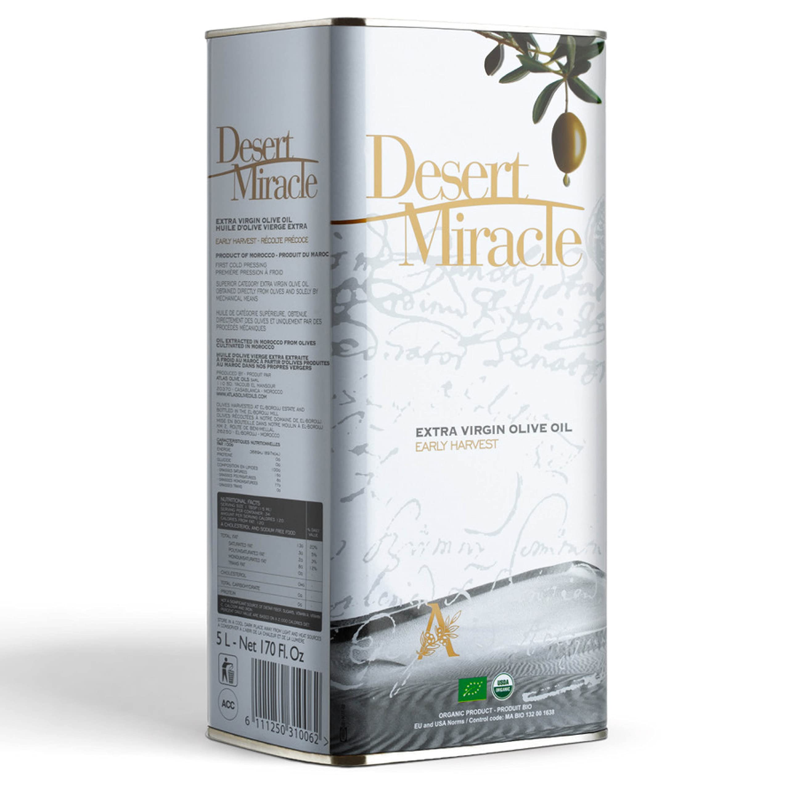 Organic Extra Virgin Olive Oil from Morocco - Cold Pressed, High Polyphenol, First Cold Press EVOO, 5 Liter Can - Perfect for Cooking, Salad Dressings & Healthy Recipes