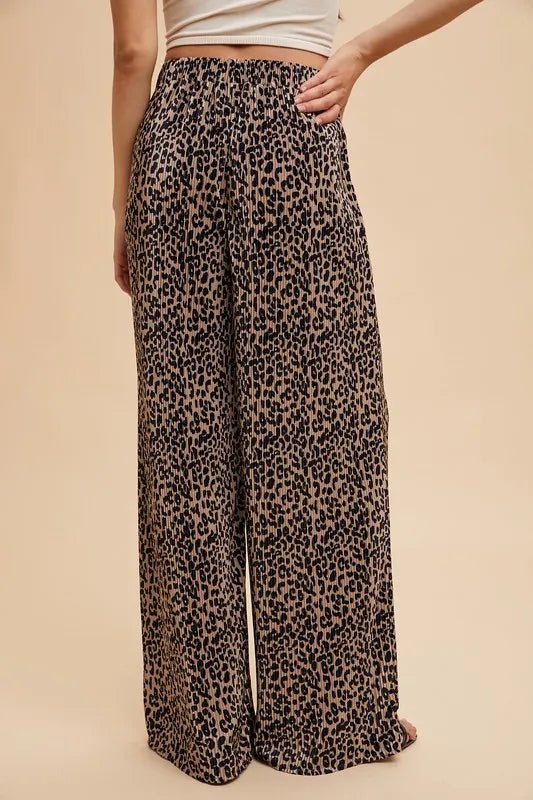 Annie Wear Women's Leopard Print Plisse Lounge Wide Leg Pants - Soft Stretchy Comfort for Home, Yoga & Casual Outings