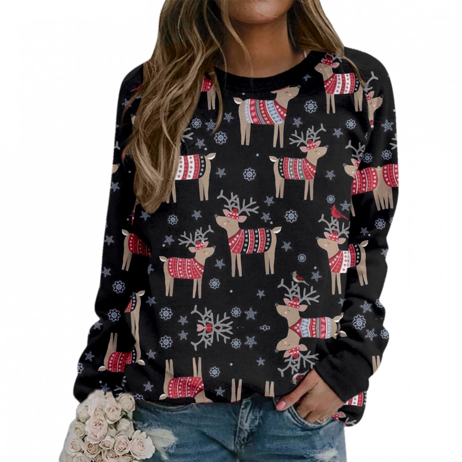 Women's Christmas Long Sleeve Tops - Cute Printed Crew Neck Sweatshirts for Holiday Parties & Family Gatherings