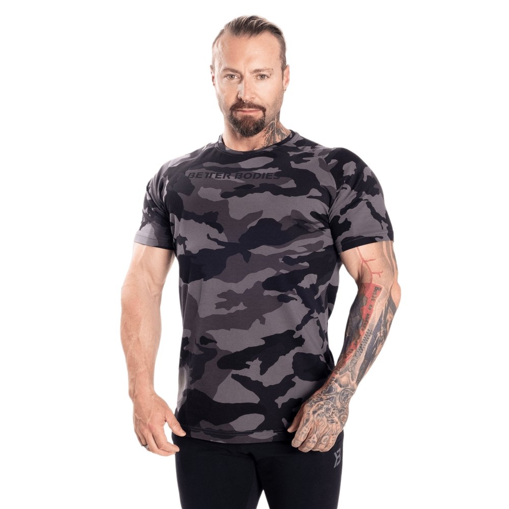 Better Bodies Gym Tapered Tee - Dark Camo Workout Shirt for Men | Moisture-Wicking Fitness Apparel for Weightlifting & Cross Training