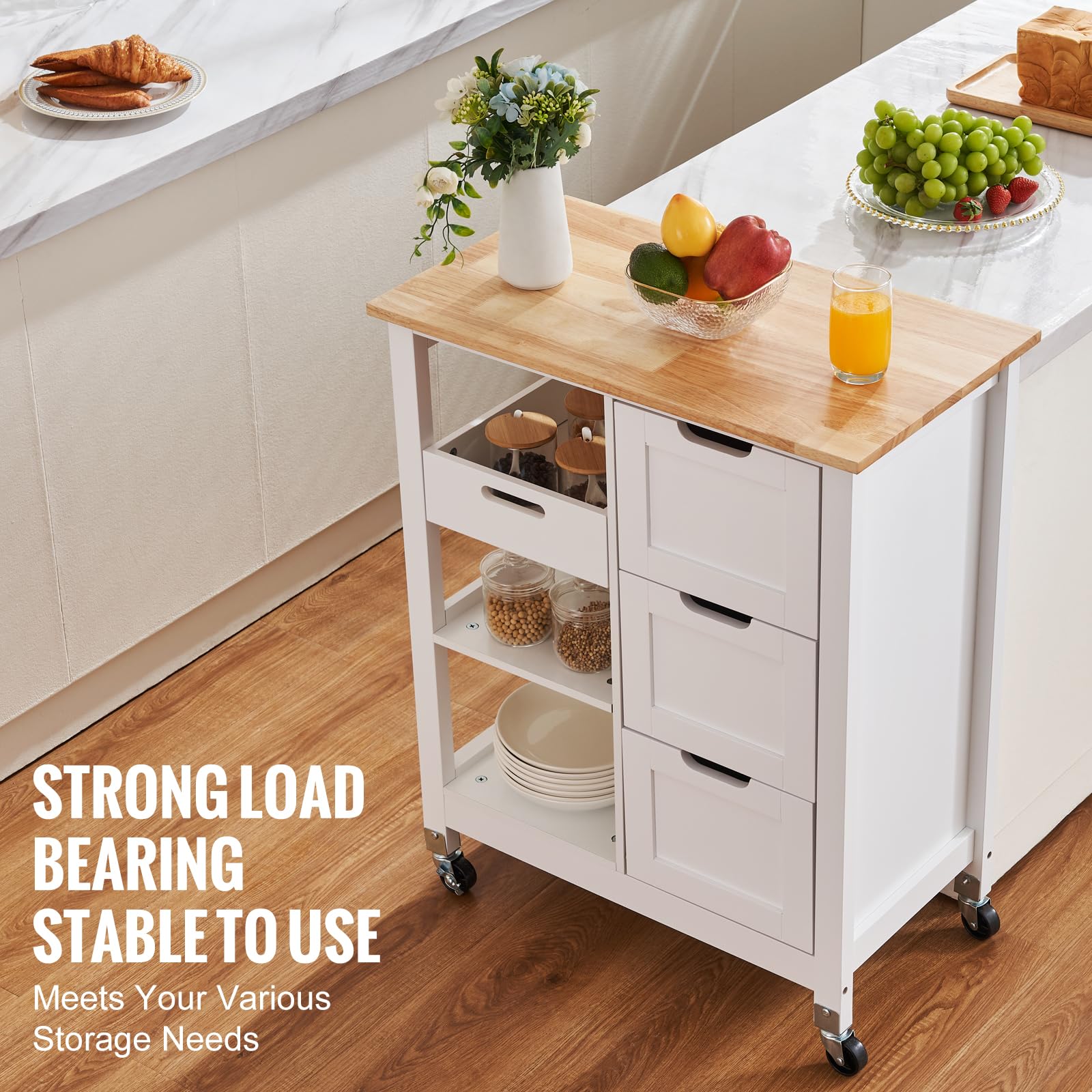 VEVOR White 26-inch Rolling Kitchen Island Cart with 3 Drawers & Shelves, Wood Top Mobile Breakfast Bar - Perfect for Dining, Kitchen, Living Room & Farmhouse Style Homes | Space-Saving Storage Solution for Small Kitchens & Entertaining Guests