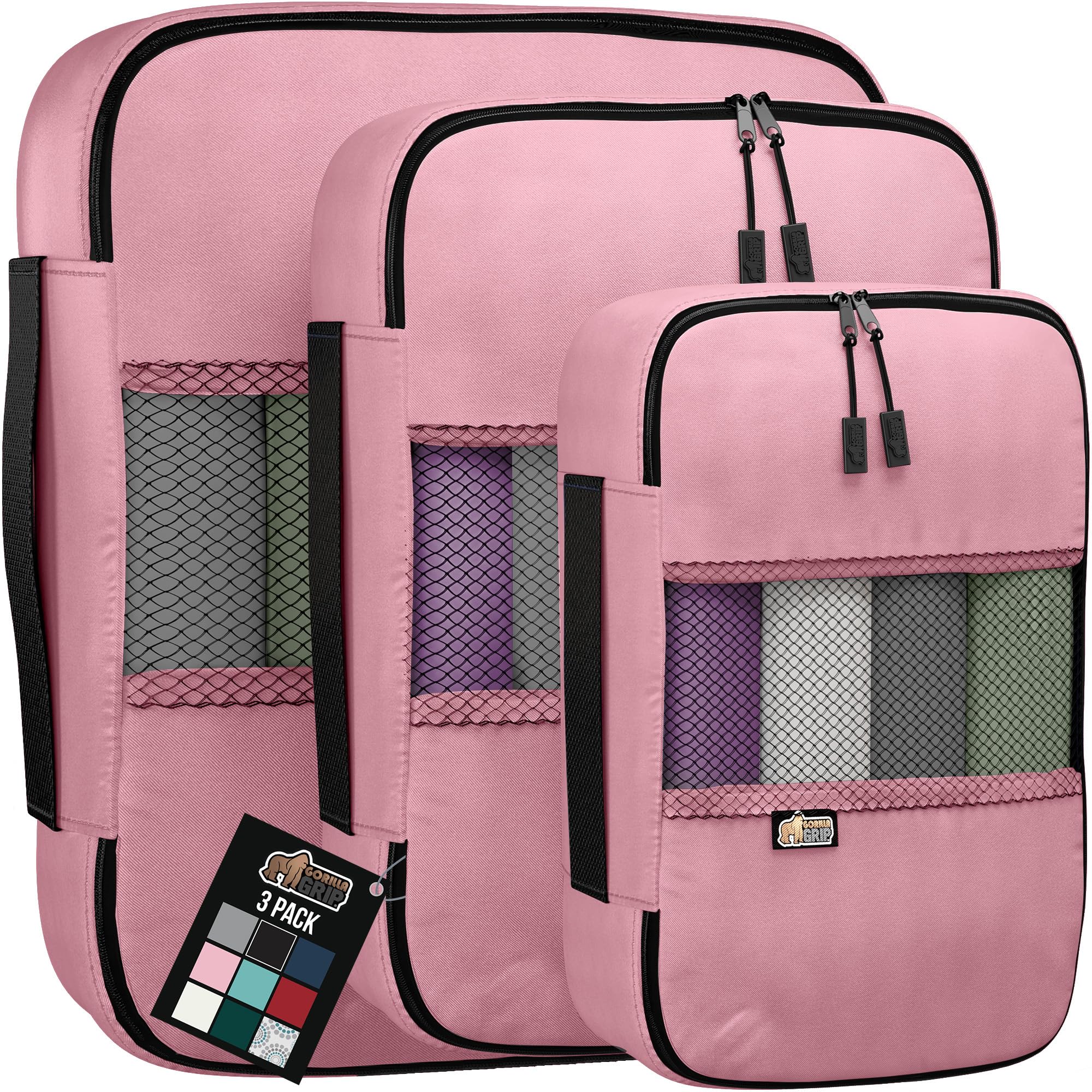GORILLA GRIP 3-Piece Packing Cubes Set - Durable Mesh Travel Organizers for Suitcase, Clothes, Toiletries & Shoes - Perfect Carry-On Luggage Accessories for Airplane Travel - Ideal for Business Trips, Vacations & Weekend Getaways (Pink)