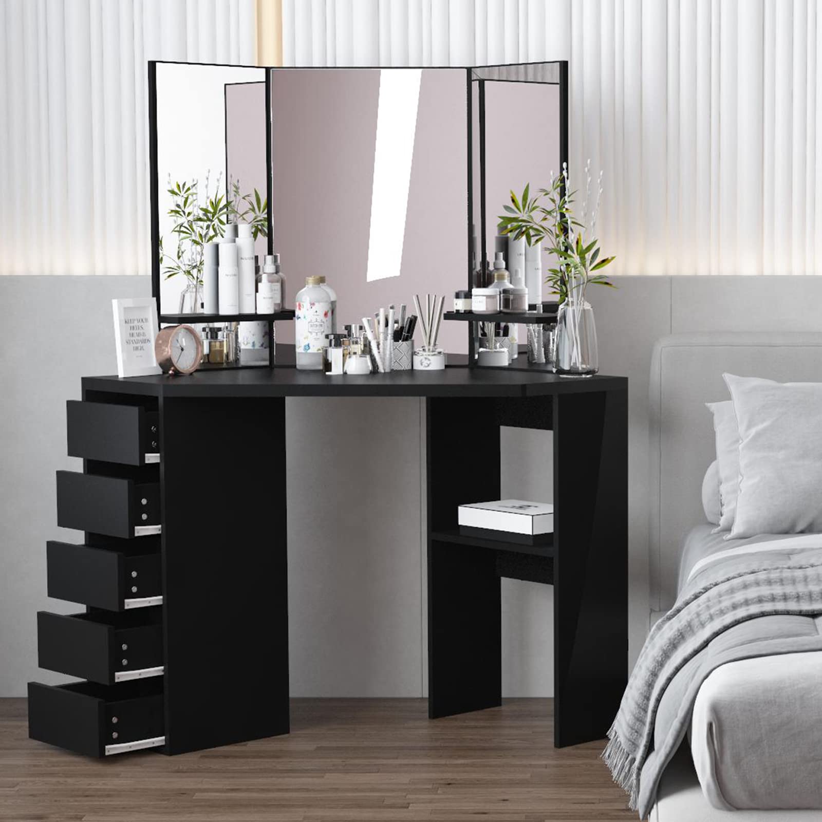 Modern Black Makeup Vanity Desk with Mirror, 5 Drawers & 3 Storage Shelves - Boho Style Corner Dressing Table for Girls - Perfect for Bedroom, Dorm Room, and Small Space Organization