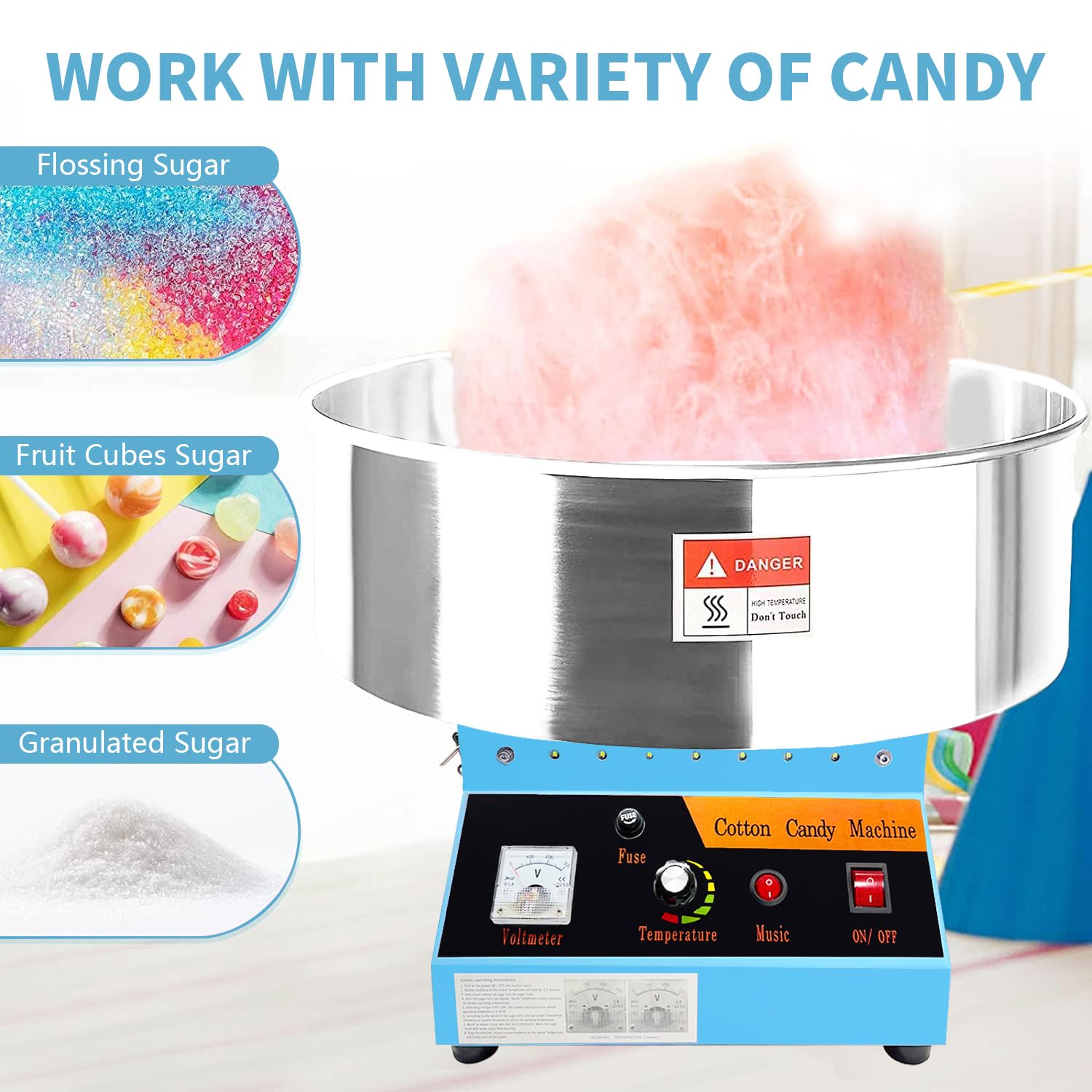 Commercial Cotton Candy Machine - 1080W Electric Candy Floss Maker with Sugar Scoop, LED Lights & Music - Perfect for Family Parties, Carnivals, Amusement Parks & Birthday Events - Great for Home Use, Business Events & Fair Stands