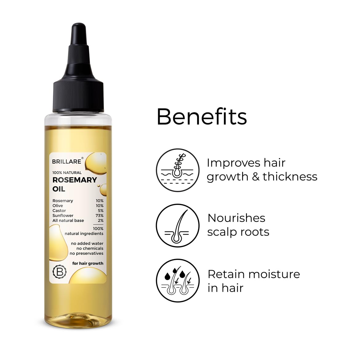 Brillare 100% Pure Rosemary Essential Oil for Hair Growth - Thickens Hair, Reduces Hair Fall & Nourishes Scalp | Natural Non-Greasy Hair Treatment for Men & Women (100ml) | Perfect for Daily Scalp Massage & DIY Hair Care Routine
