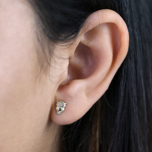 14K Solid Yellow Gold Owl CZ Stud Earrings for Women - Elegant Animal Jewelry Gift for Birthday, Anniversary & Everyday Wear