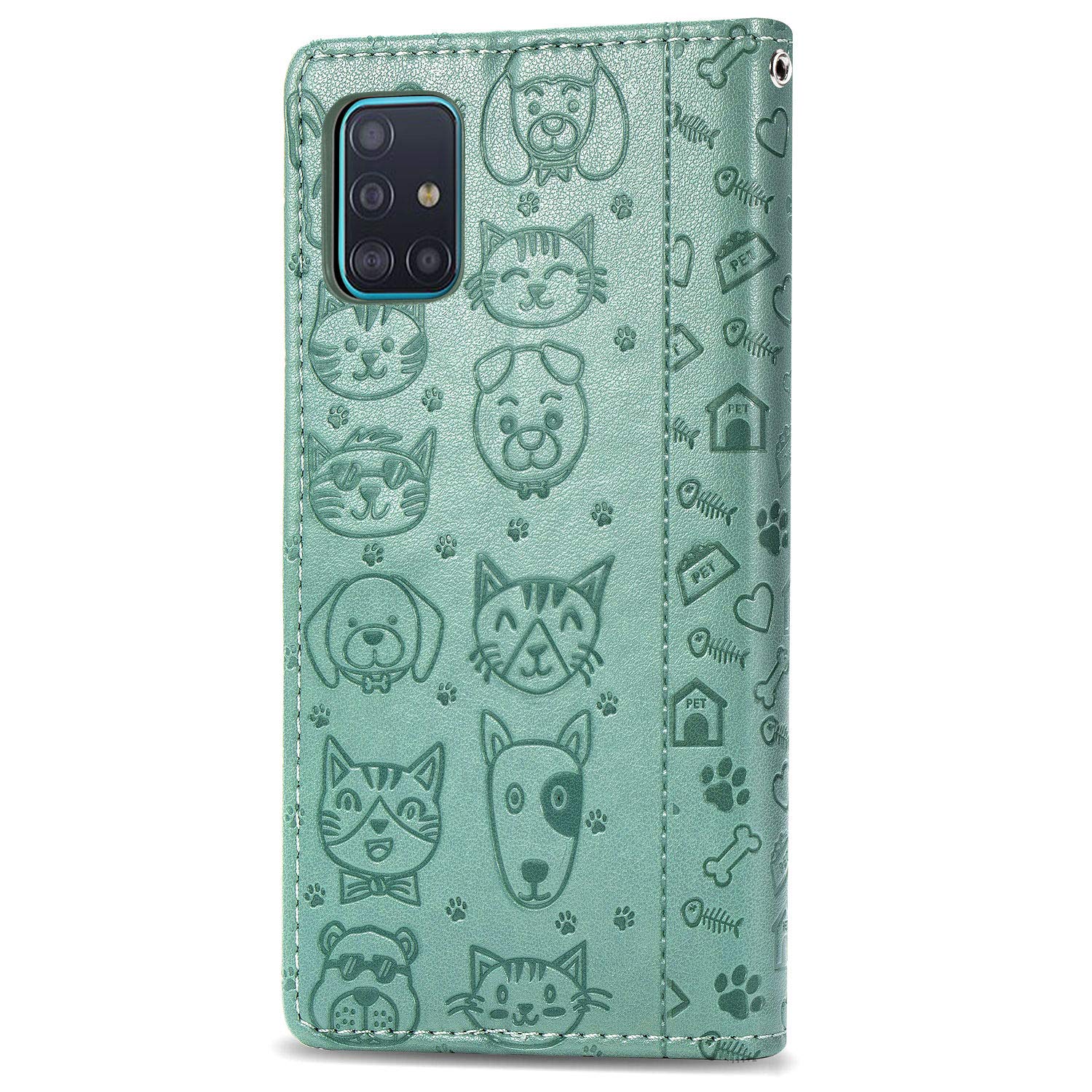 Samsung Galaxy A51 Wallet Case with Card Holder - Cute Cat & Dog Cartoon PU Leather Flip Cover with Kickstand (Not for 5G Model) - Perfect for Women's Daily Use, Commuting & Travel Accessories (MG Green)
