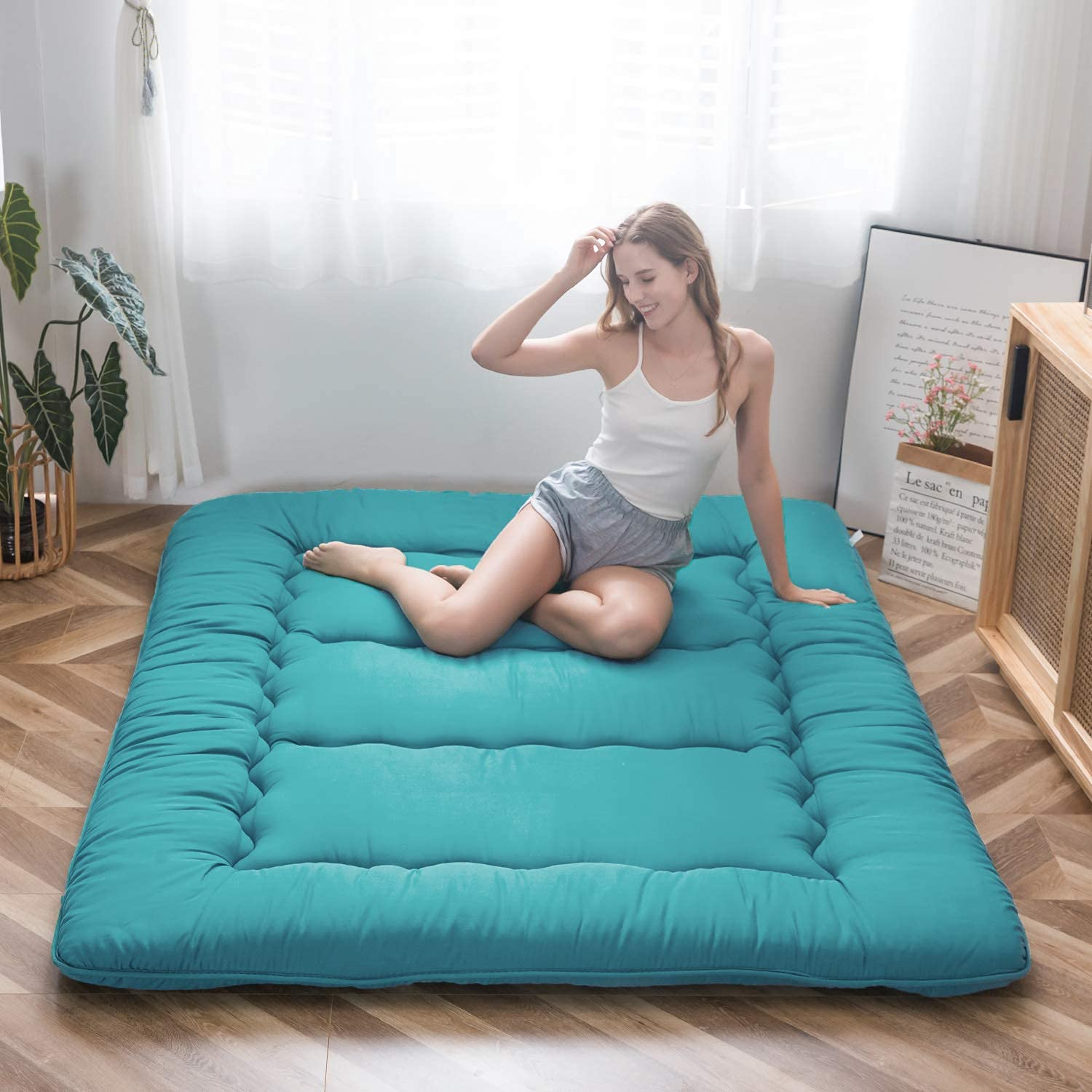 MAXYOYO Multi-Functional Floor Futon Mattress - Queen Size Turquoise | Foldable Guest Bed, Sofa Sleeper & Floor Cushion for Small Spaces, Dorms & Camping