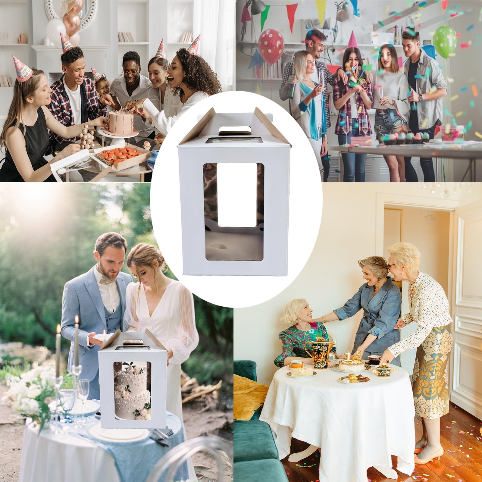12x12x14 Inch Tall Cake Box with Window - 2 Pack Tiered Cake Containers for Birthday, Wedding & Party Cakes - Includes Cake Board & Decorative Stickers - Perfect for Picnics, Celebrations & Bakery Storage
