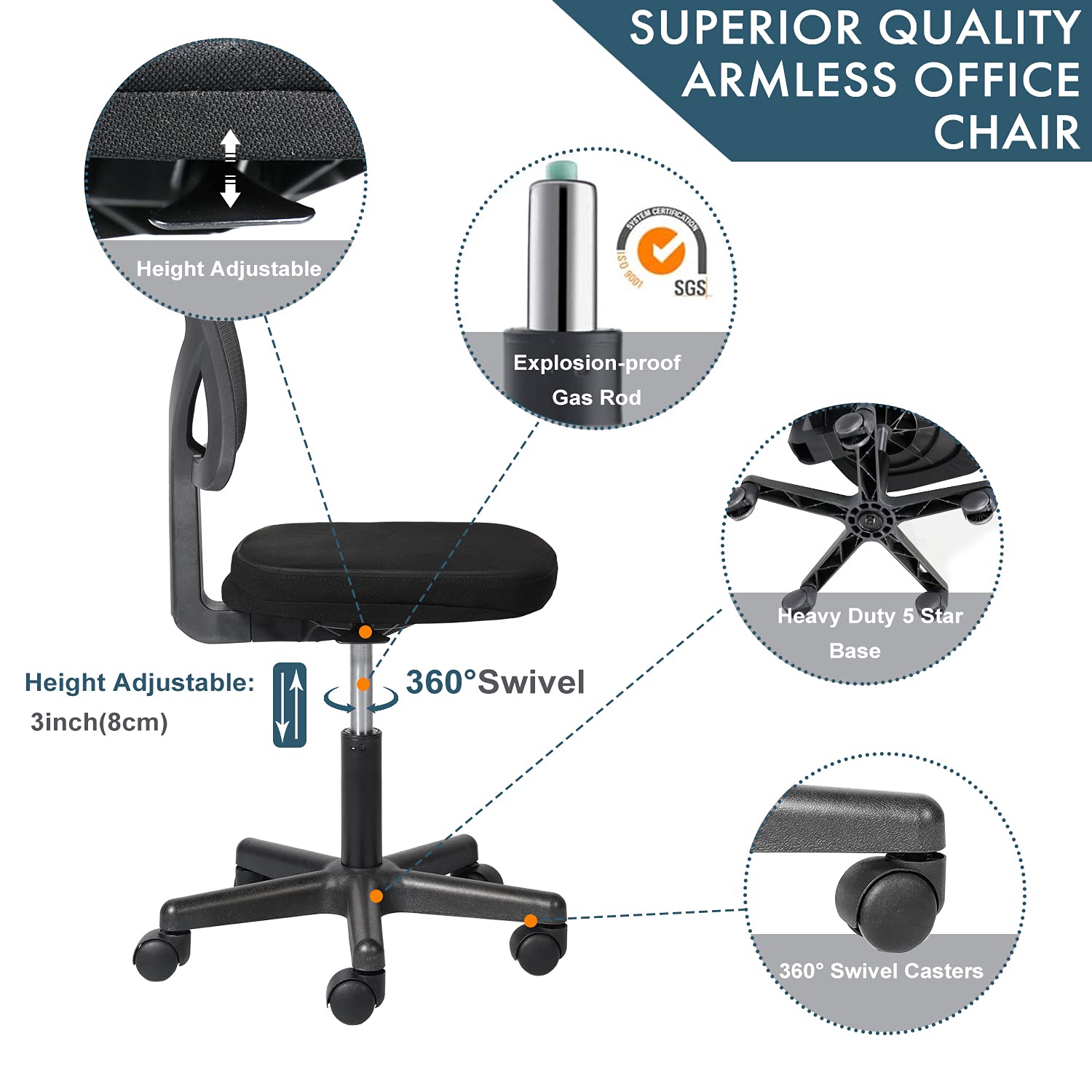Yangming Armless Mesh Office Chair - Adjustable Swivel Task Chair with Mid Back Support, Black Computer Desk Chair for Small Spaces | Perfect for Home Office, Study & Workspace
