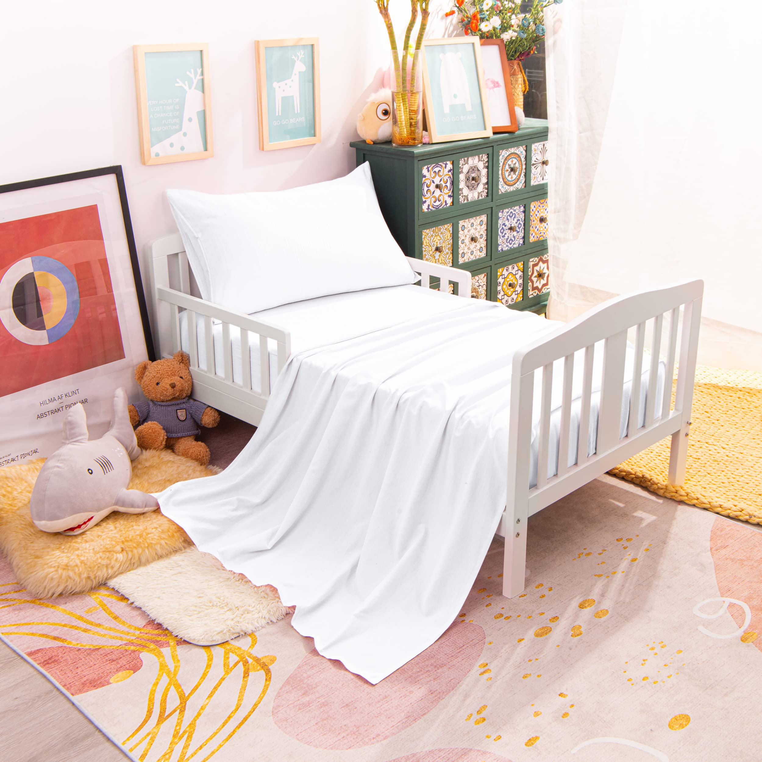 NTBAY 4-Piece Toddler Bedding Set - Soft & Breathable Crib Bedding for Boys & Girls, Includes Quilted Comforter, Fitted Sheet, Flat Sheet & Pillowcase, White - Perfect for Nursery, Daycare or Travel