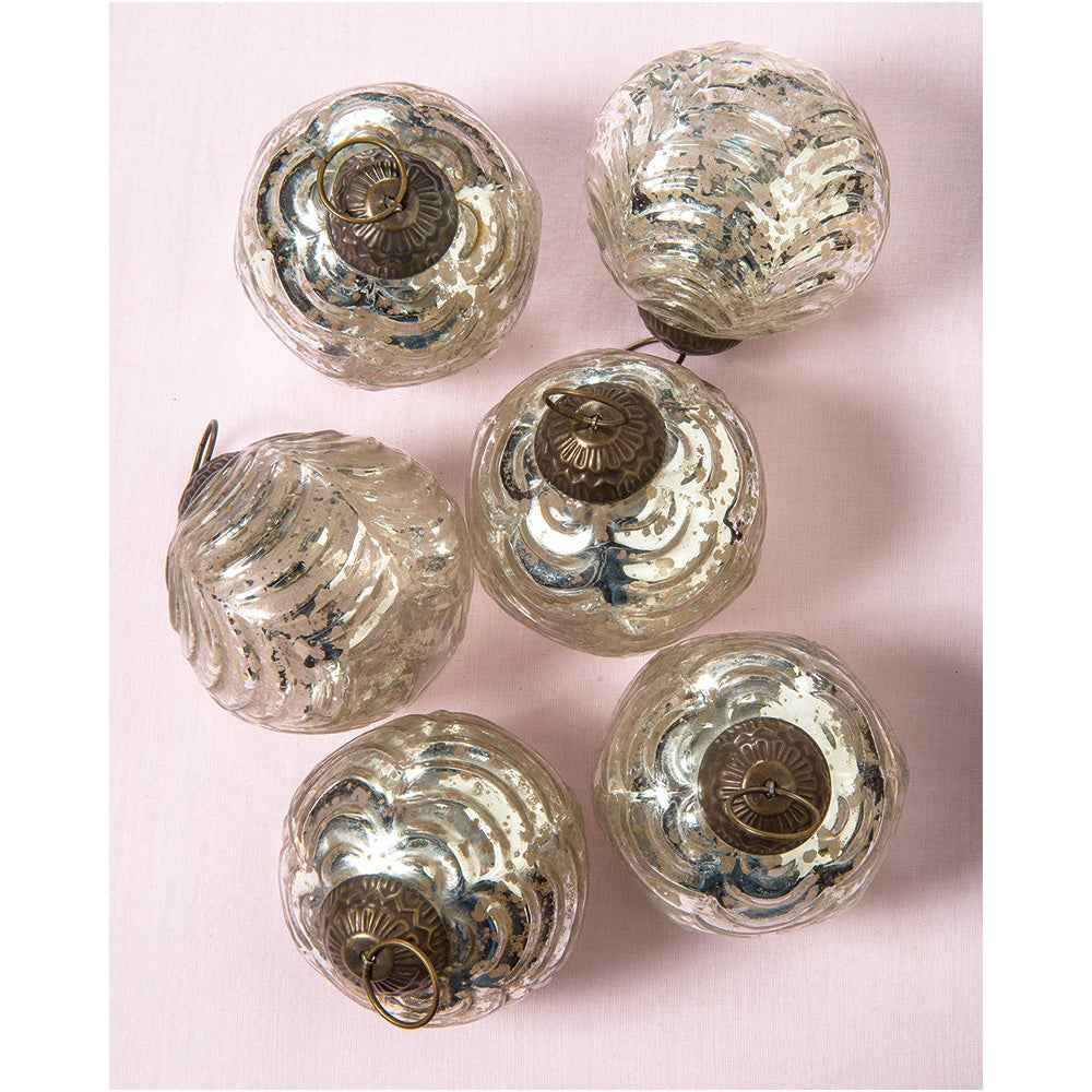 6 Pack Silver Nola Mercury Glass Waved Ball Ornaments - Elegant Christmas Tree Decorations for Holiday Home & Party Decor