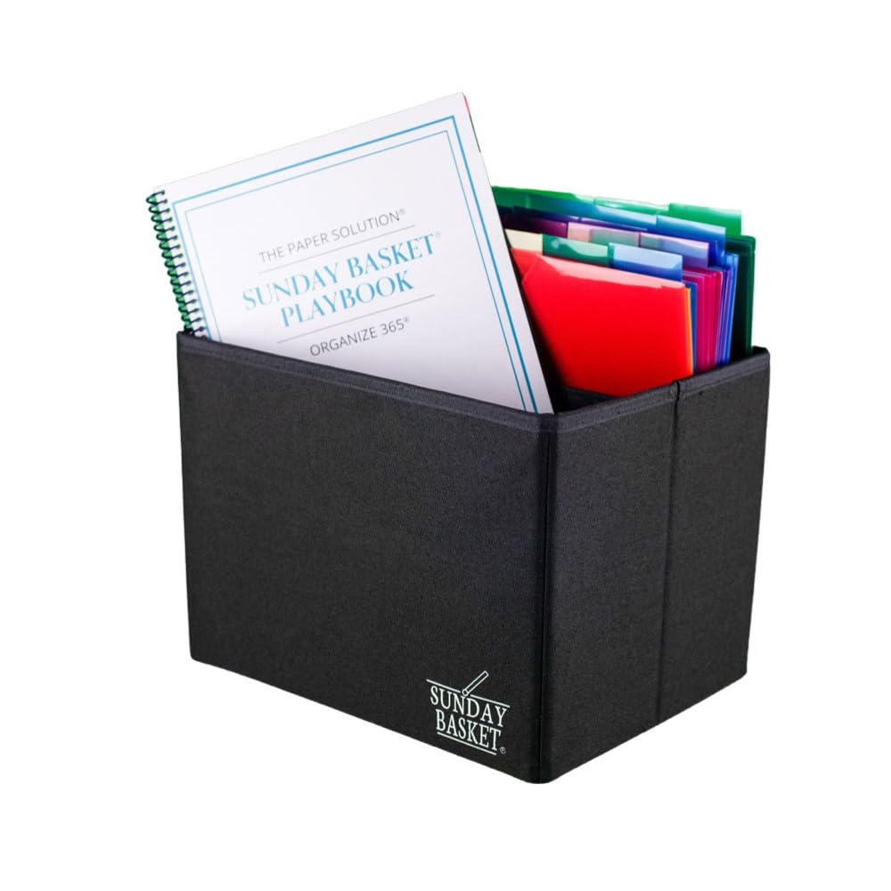 Paper Organizer & Document Holder - Home Office File Storage Box | The Complete Sunday Basket® System by Organize 365® (Basic Black) | Perfect for Desk Organization, Mail Sorting & Office Supplies Storage