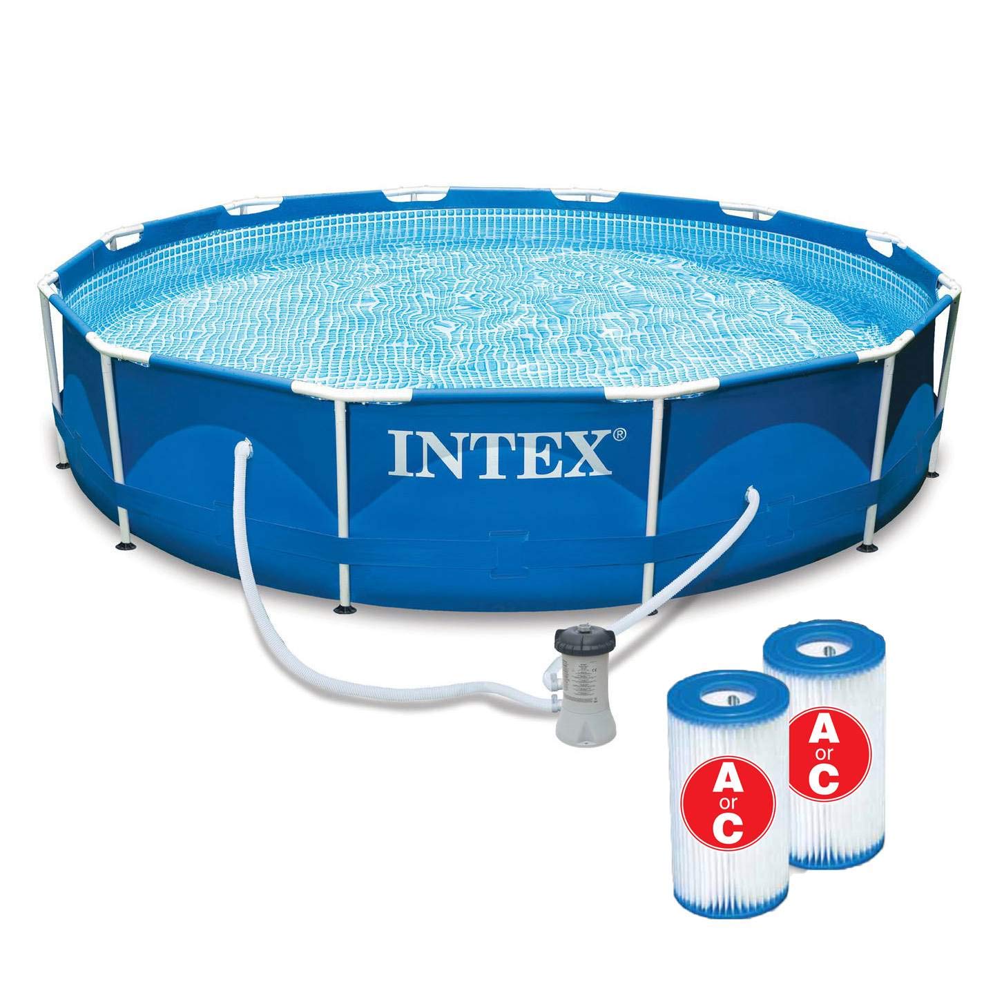 Intex 12-Foot x 30-Inch Metal Frame Above Ground Swimming Pool with Filter Pump - Includes Type A/C Cartridges for Backyard, Family Fun & Summer Cooling