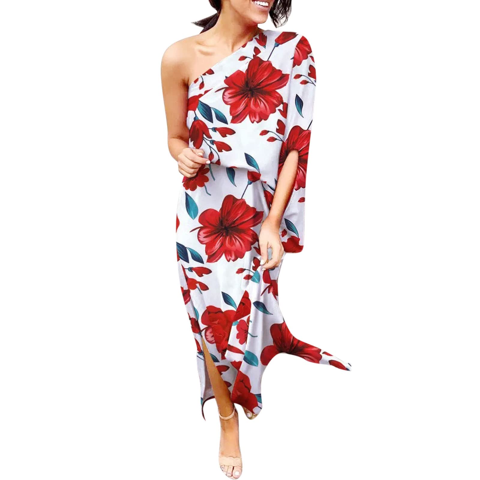 Women's Boho Floral Print One Shoulder Sleeveless Smocked Midi Dress - Tiered Ruffle Long Maxi Summer Dress for Beach, Vacation & Casual Outings