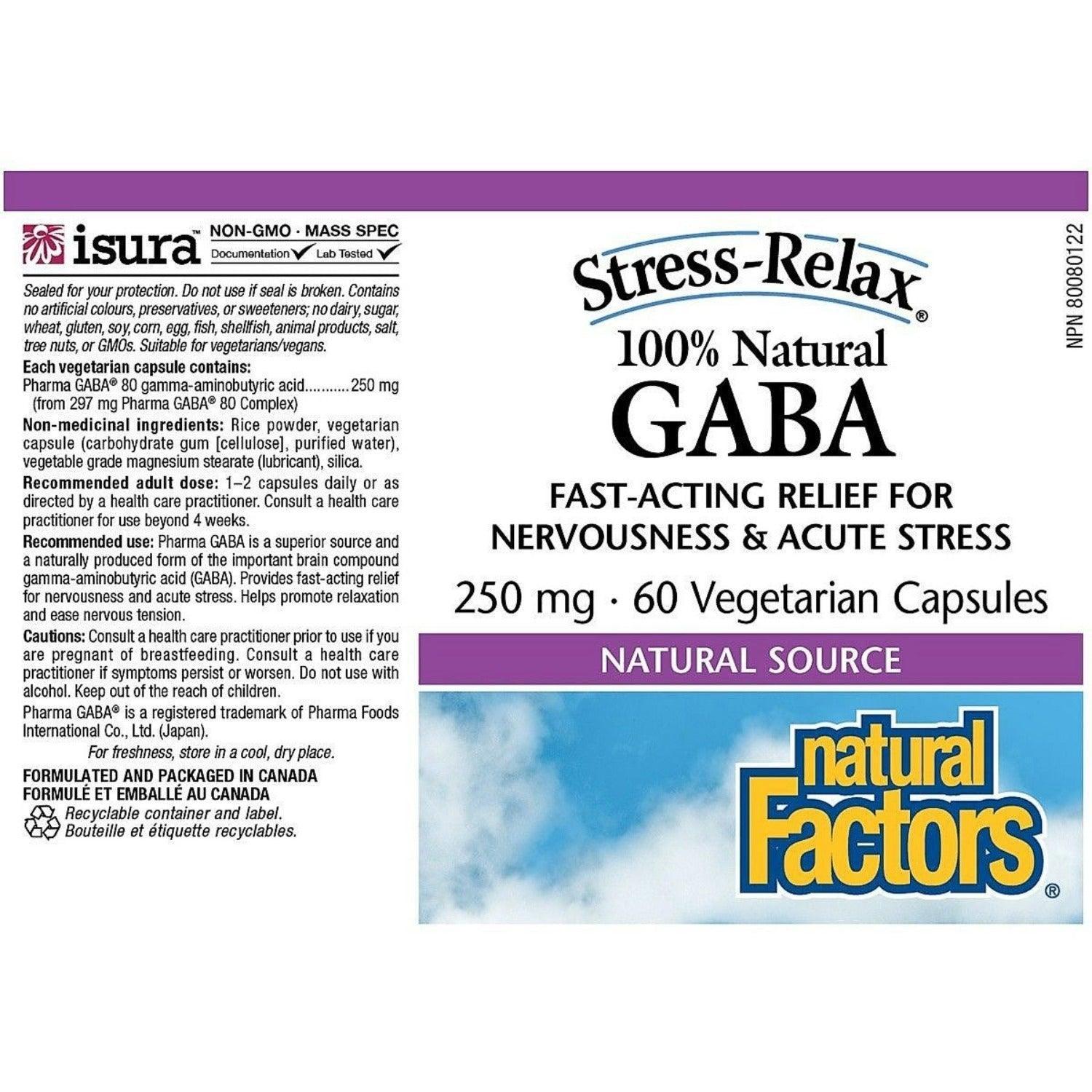 Natural Factors Stress Relax GABA 250mg 60 Veggie Caps - Supports Calmness & Relaxation for Stress Relief, Anxiety Management, and Better Sleep