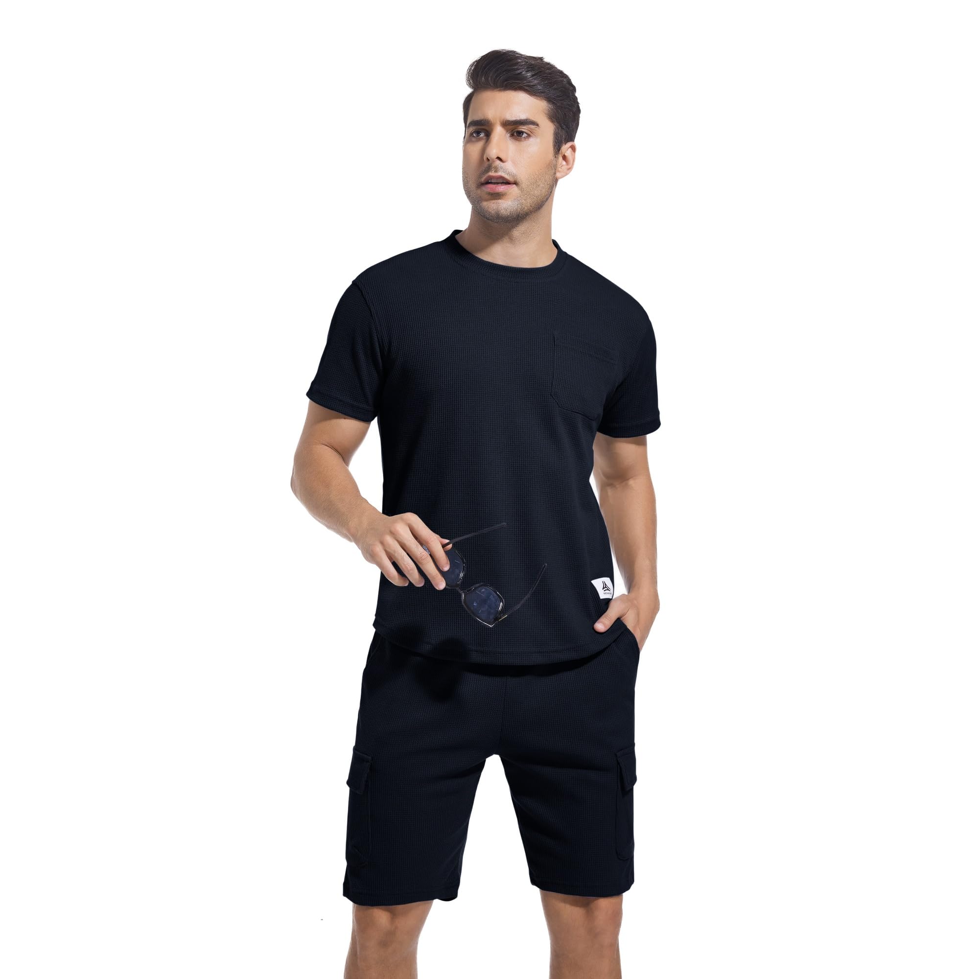 ANOTWENER Men's 2-Piece Summer Outfit - Casual Waffle Knit T-Shirt & Shorts Set for Beach Vacation, Pool Party, and Outdoor Activities