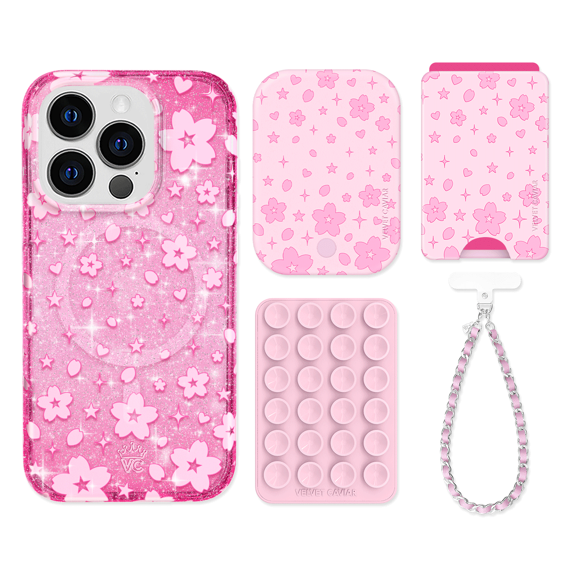 Cherry Blossom Glitter iPhone Case with Wallet - Cute Floral Phone Cover & Card Holder for Women - Perfect for Spring Outfits, Travel, and Everyday Use