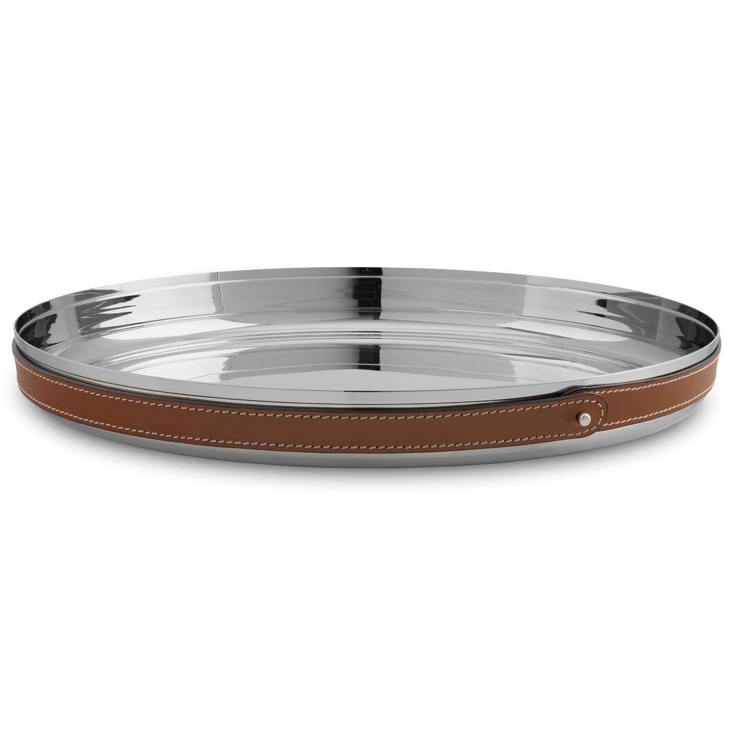 Nambe Tahoe Stainless Steel Bar Tray with Leather Accent - 13 Inch Round Metal Serving Tray with Raised Edges - Elegant Home Decor for Parties, Dining & Living Room Organization