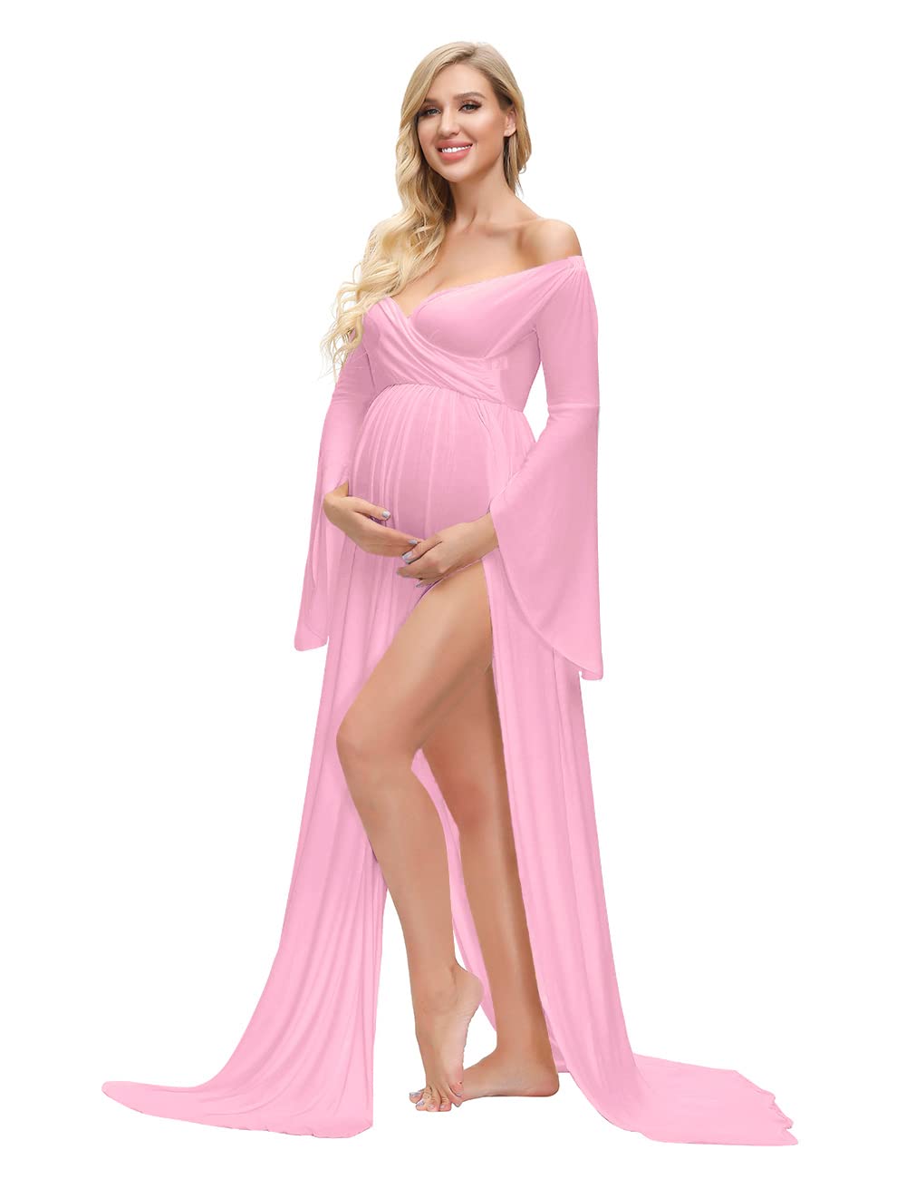 VSNOW Maternity Photoshoot Dress - Elegant Off Shoulder Drop Sleeve Maxi Gown with High Slit for Pregnancy Photography, Baby Shower & Maternity Portraits