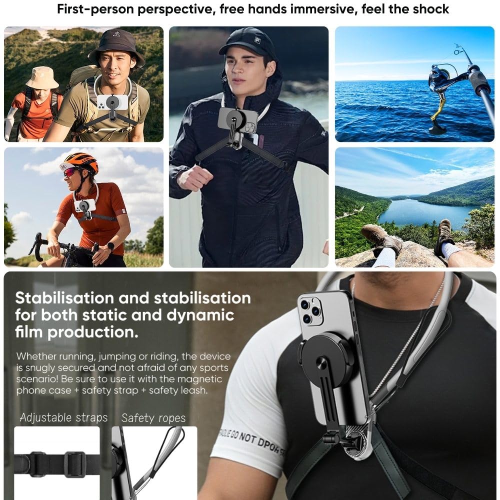 LEESENEVO Magnetic Neck Phone Holder - Adjustable Multi-Directional Rotation Phone Mount for POV/Vlogging, Compatible with iPhone & Android Smartphones (Grey) | Hands-Free Video Recording, Live Streaming & Content Creation Accessory