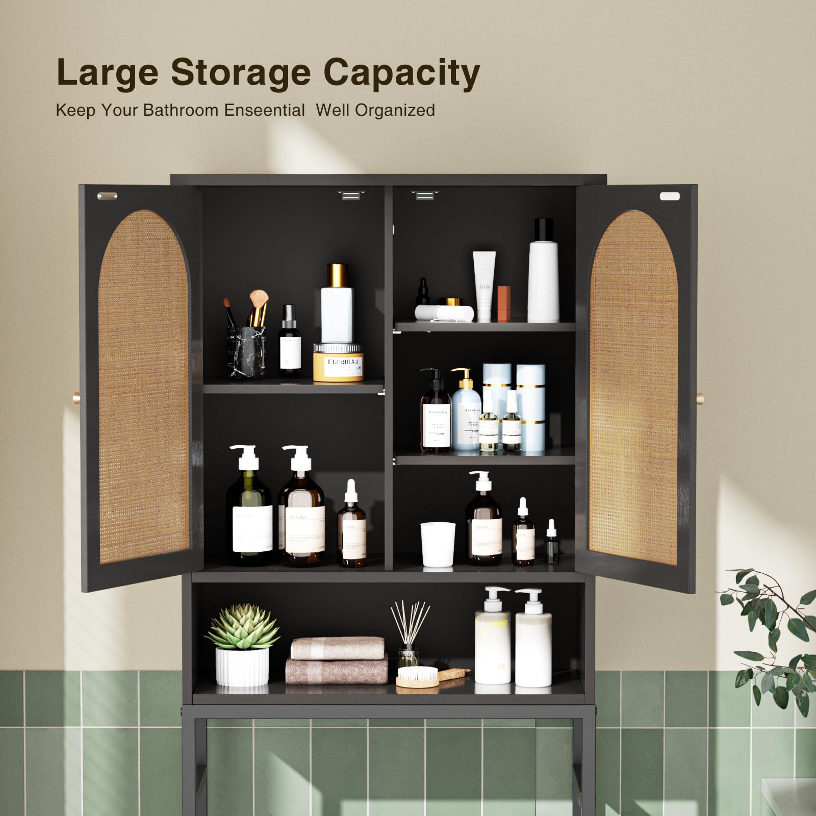 Natural Rattan Toilet Storage Cabinet - Over the Toilet Wooden Bathroom Organizer with Adjustable Shelf & Metal Stand | Freestanding Washer Shelf, Space-Saving Cupboard | Perfect for Small Bathrooms, Laundry Rooms & Apartment Storage (Black)