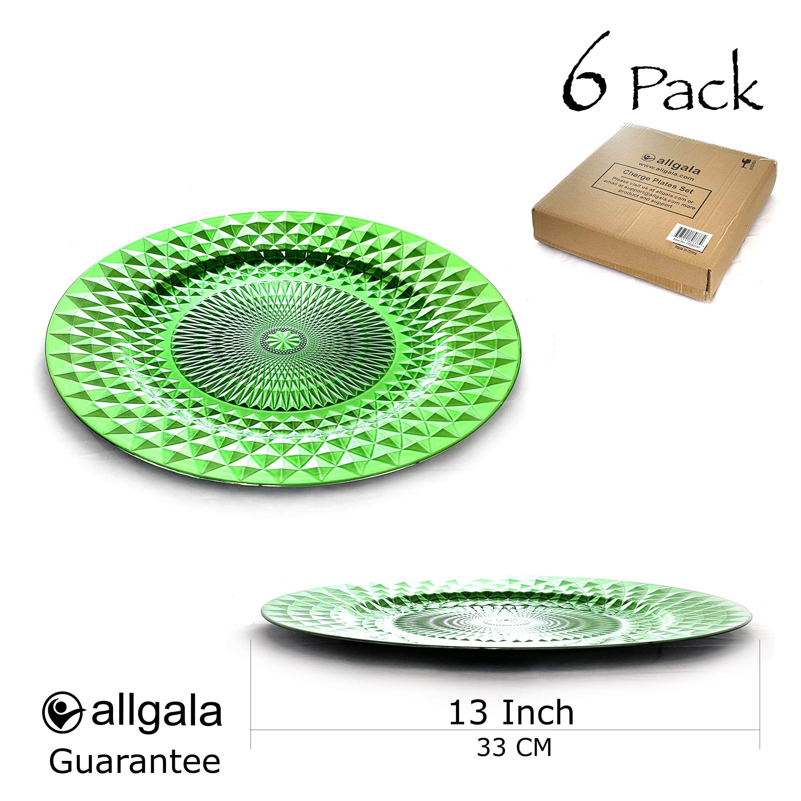 Allgala 13-Inch Heavy Duty Plastic Charger Plates - 6-Pack Diamond Pattern Sparkling Wedding Dinner Plates in Green (HD80405) - Elegant Table Setting for Weddings, Parties & Formal Events