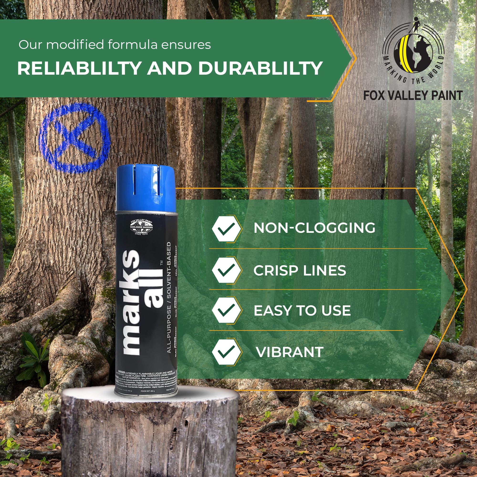 Fox Valley Marks All Utility Marking Paint Spray Can - 18 oz (Pack of 12) Blue Fluorescent - Easy Use for Tree, Lawn, Driveway, Parking Lot & Grass Marking - Perfect for Landscaping, Construction & Property Maintenance