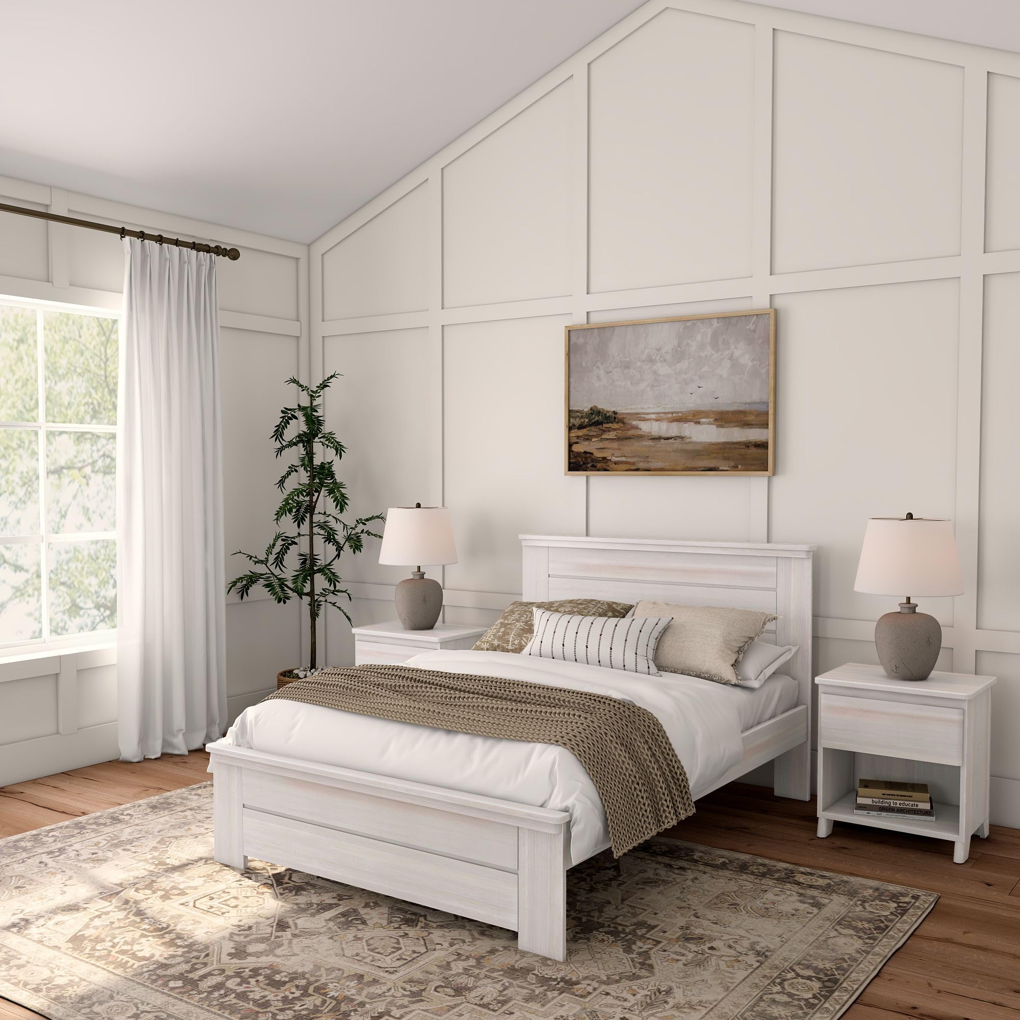 Rustic White Wash Solid Wood Full Bed Frame with Headboard - Sturdy Platform Bed for Bedroom, Guest Room & Farmhouse Decor