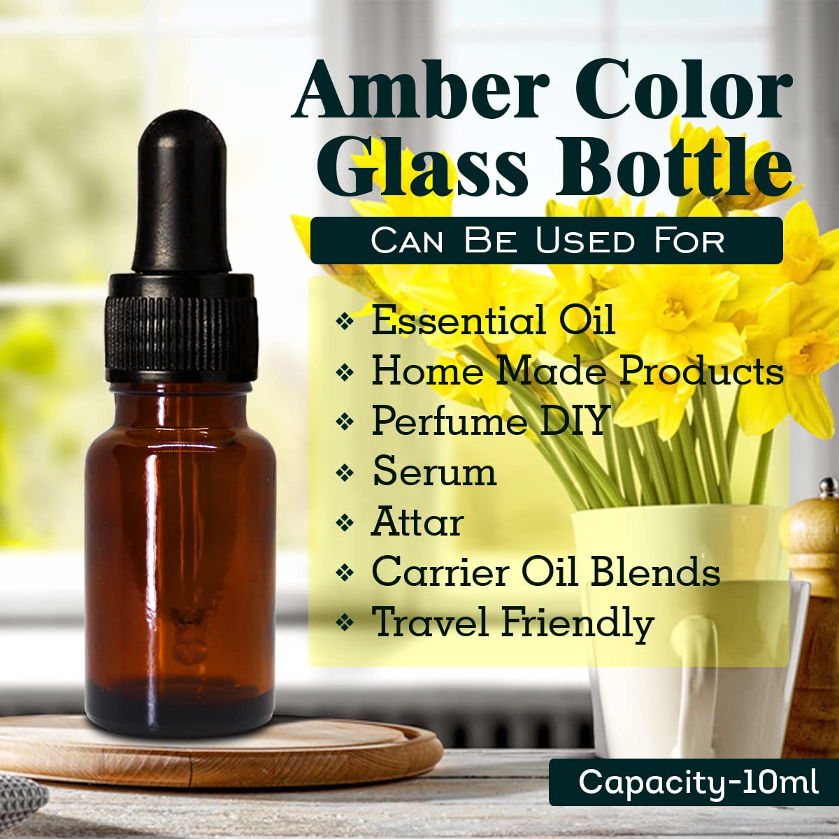 NSB Herbals 10ml Amber Round Empty Glass Bottle with Glass Dropper - Refillable Leak-Proof Essential Oil Bottles for DIY Perfume, Face Oil & Aromatherapy Blends - Includes Black Ring & Silicone Teat (Pack of 6) - Perfect for Travel, Home Spa & Gift Packaging
