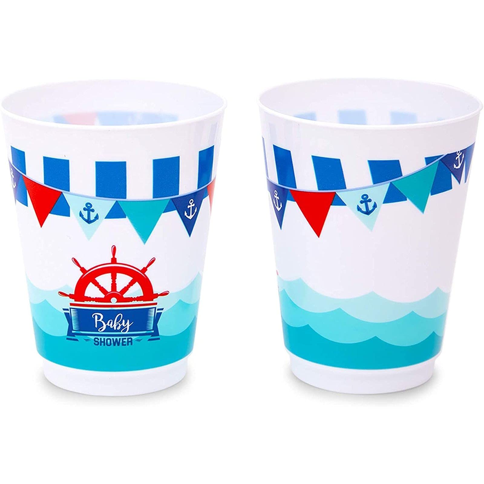 Sparkle and Bash Nautical Themed Plastic Cups - 16oz (16 Pack) for Baby Showers, Birthday Parties & Summer Celebrations - BPA Free Disposable Drinkware for Kids & Adults