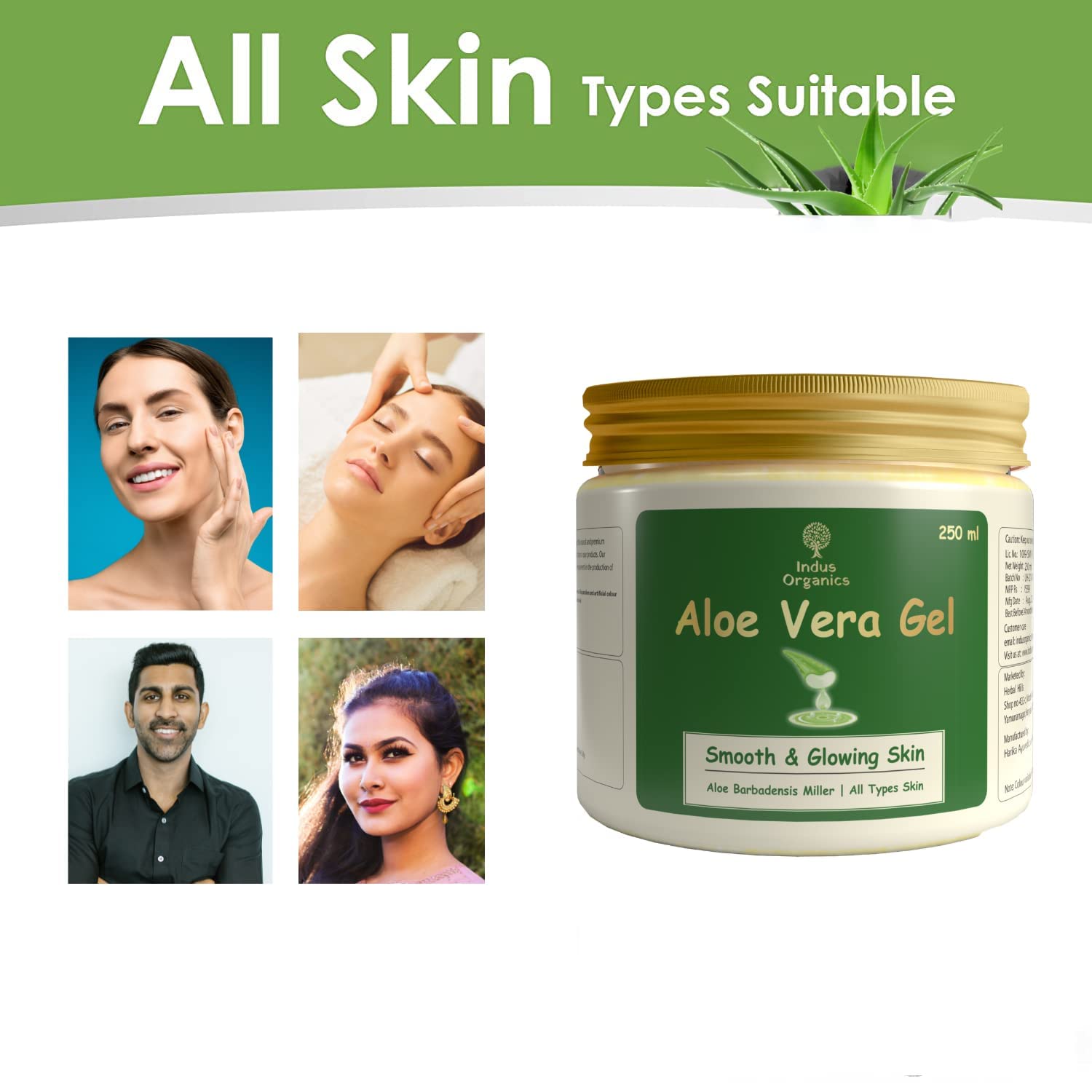 Indus Organics Pure Aloe Vera Gel for Skin & Hair Care - 250ml | Hydrating, Moisturizing & Soothing Gel for Face, Body & Scalp | Perfect for Sunburn Relief, After-Sun Care, Hair Conditioning & Daily Skincare Routine