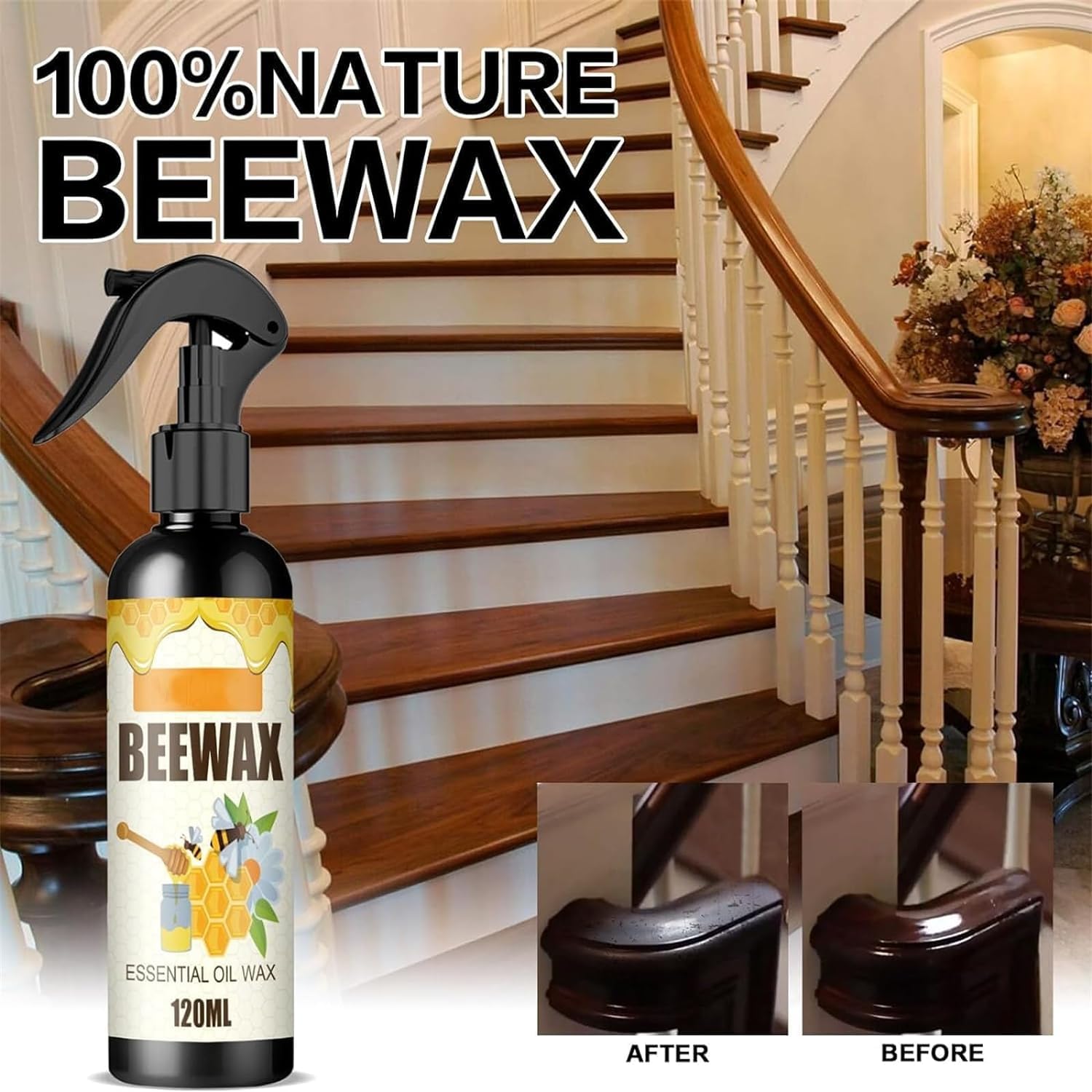 Premium Micro-Molecular Beeswax Spray - All-Natural Wood Polish & Cleaner for Furniture, Floors & Cabinets - Protective Shine & Dust Repellent (1 Pack) - Ideal for Home, Office & Antique Wood Care