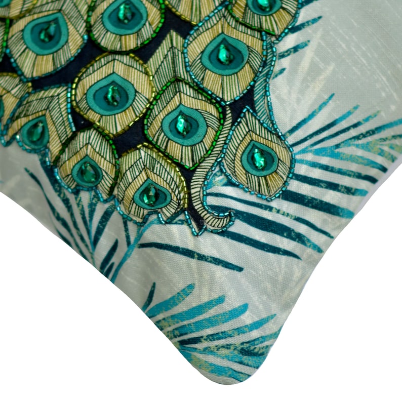 Art Nouveau Peacock Teal Cotton Throw Pillow Cover - Bohemian Home Decor for Living Room, Bedroom & Sofa