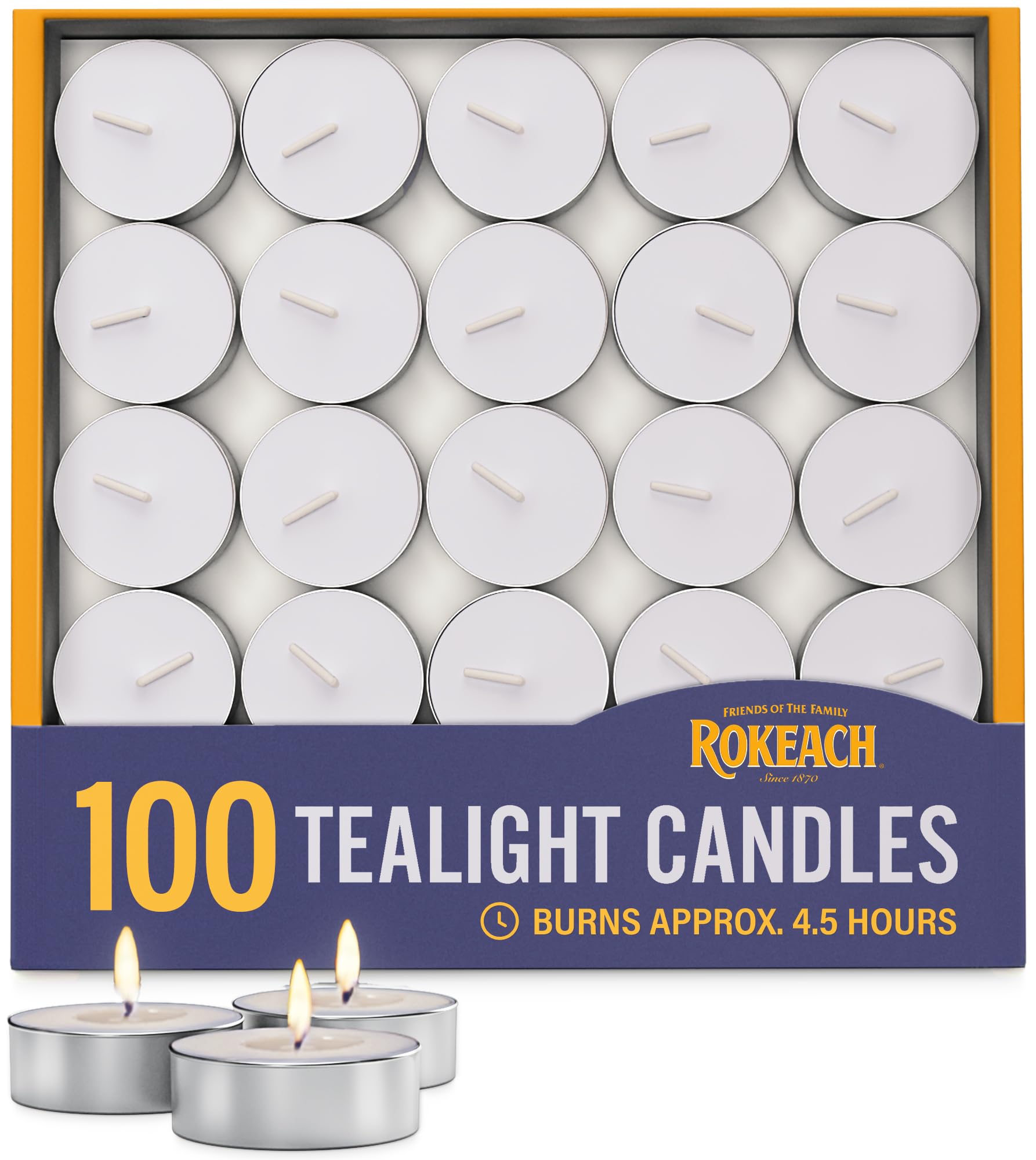 Rokeach Unscented Tea Light Candles (100 Count) - 4.5 Hour Burn Time | Long-Lasting Bulk Votive Candles for Shabbat, Home Decor, Weddings, Holidays & Emergency Use | Perfect for Romantic Dinners, Spa Nights & Outdoor Events