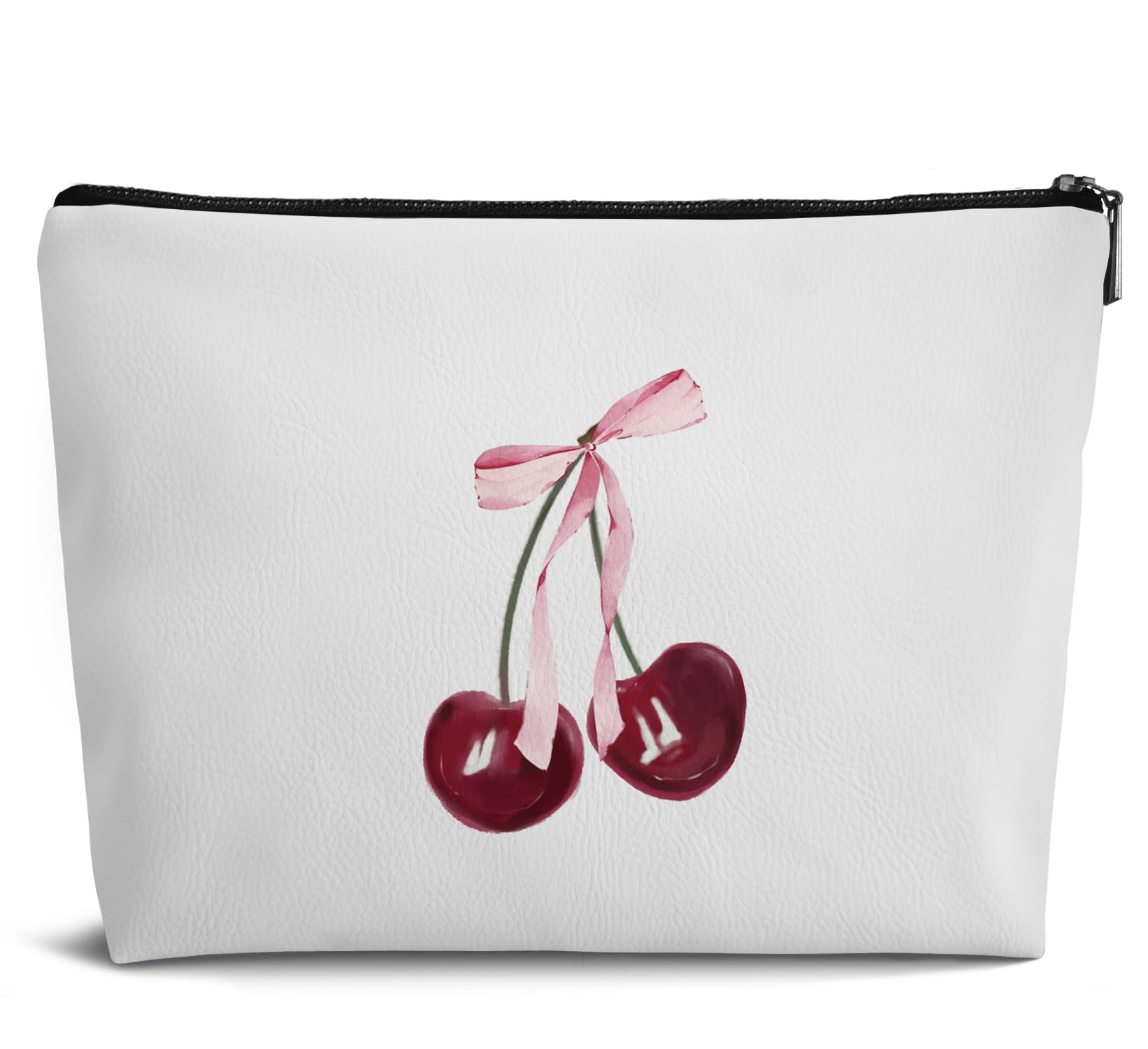 Trendy Pink Bow Cherry Leather Makeup Bag - Travel Toiletry Organizer for Women & Gifts
