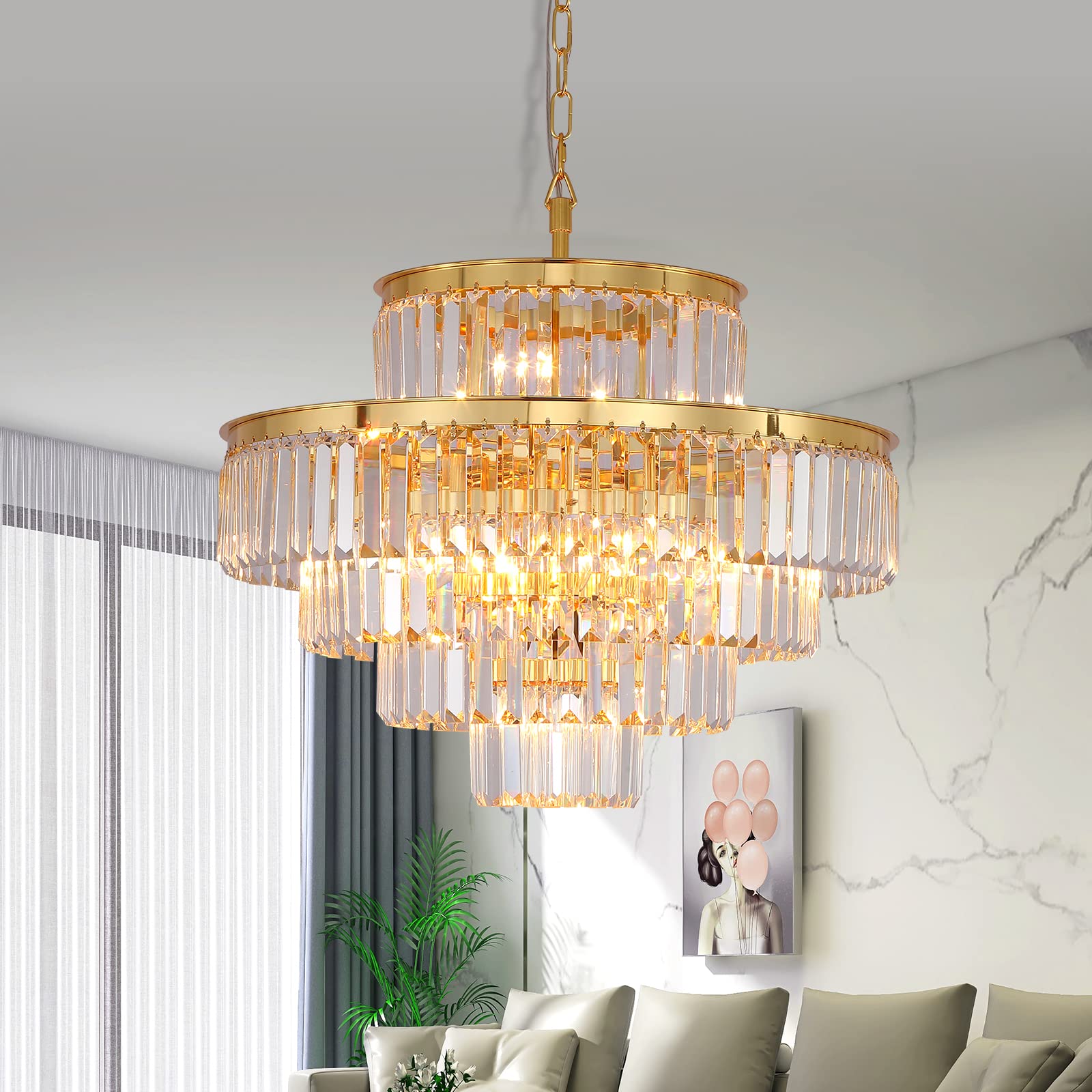 Modern Gold Crystal Chandelier - 5-Tier Round Pendant Ceiling Light Fixture (24 Inch, Golden Orange) for Dining Room, Living Room, Bedroom & Entryway - Elegant Lighting for Home Decor & Special Occasions