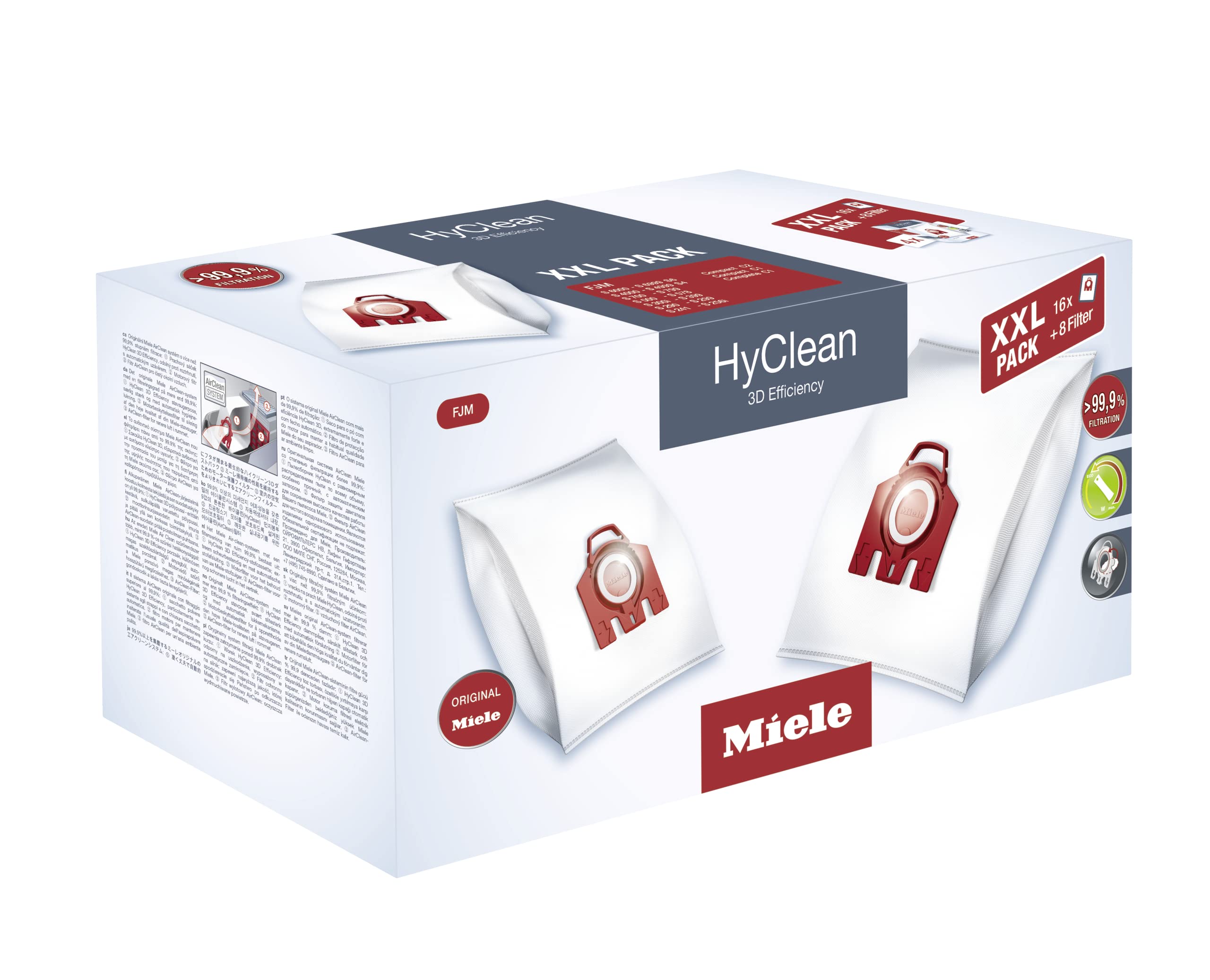 Miele 10408420 XXL Pack HyClean 3D FJM Vacuum Cleaner Bags - Dust Retention Technology for Miele Canister Vacuums - Ideal for Pet Hair, Allergies & Deep Cleaning Homes